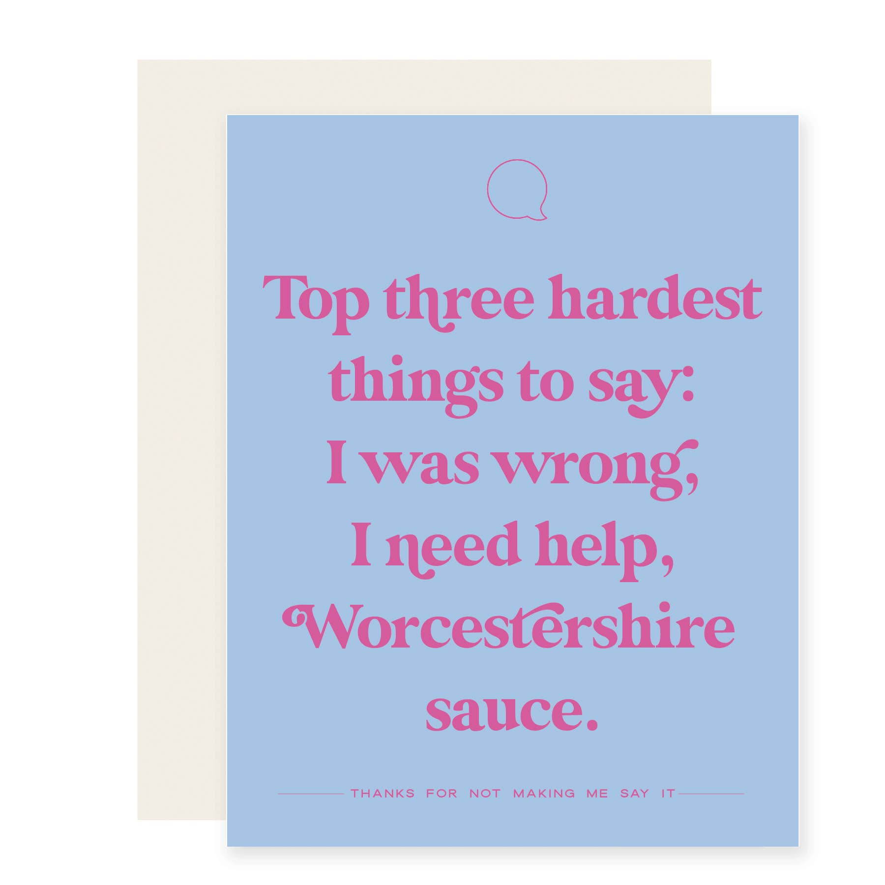 Card with pink text on a blue background, featuring a humorous joke.