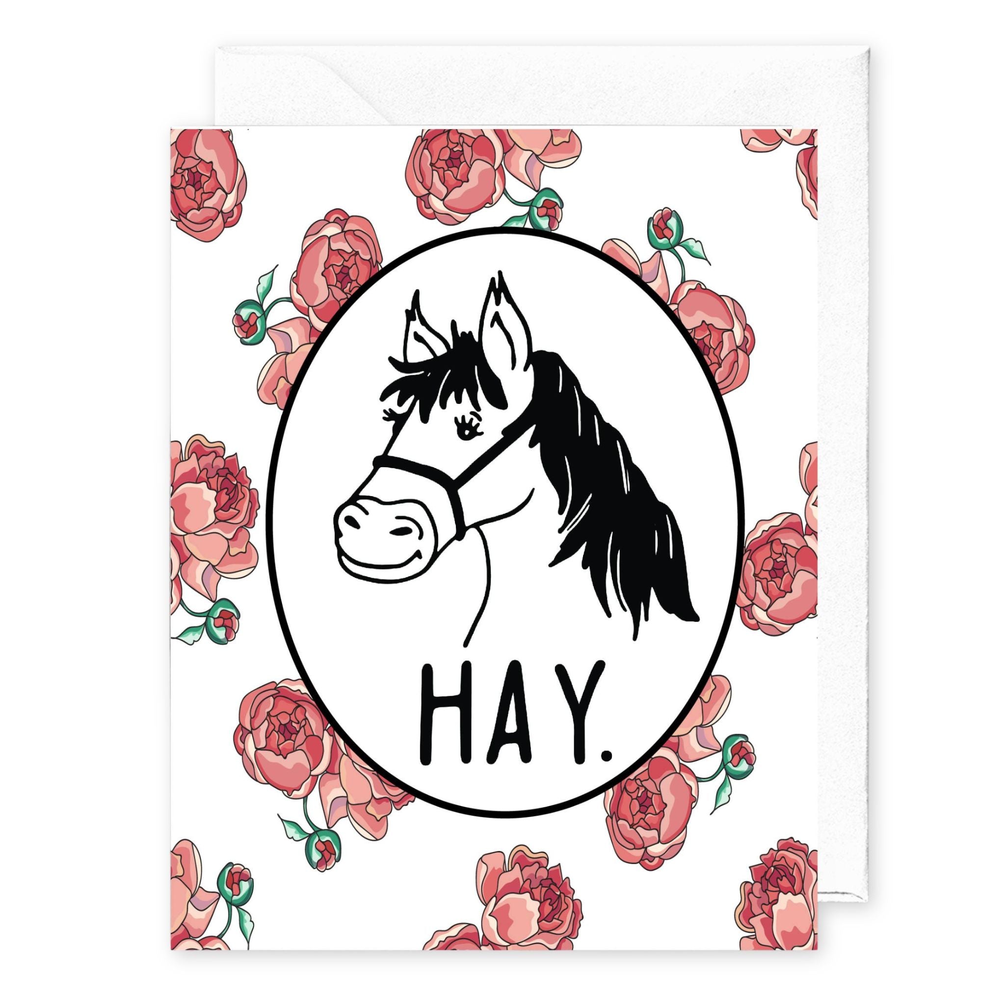 Card with a horse illustration and 'HAY' text surrounded by floral designs on a white background