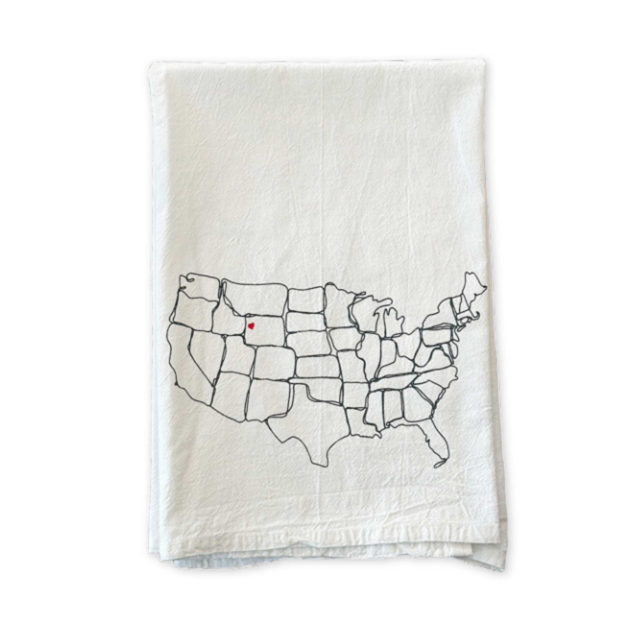 flour sack cotton tea towel featuring a map of the united states with a heart over jackson hole