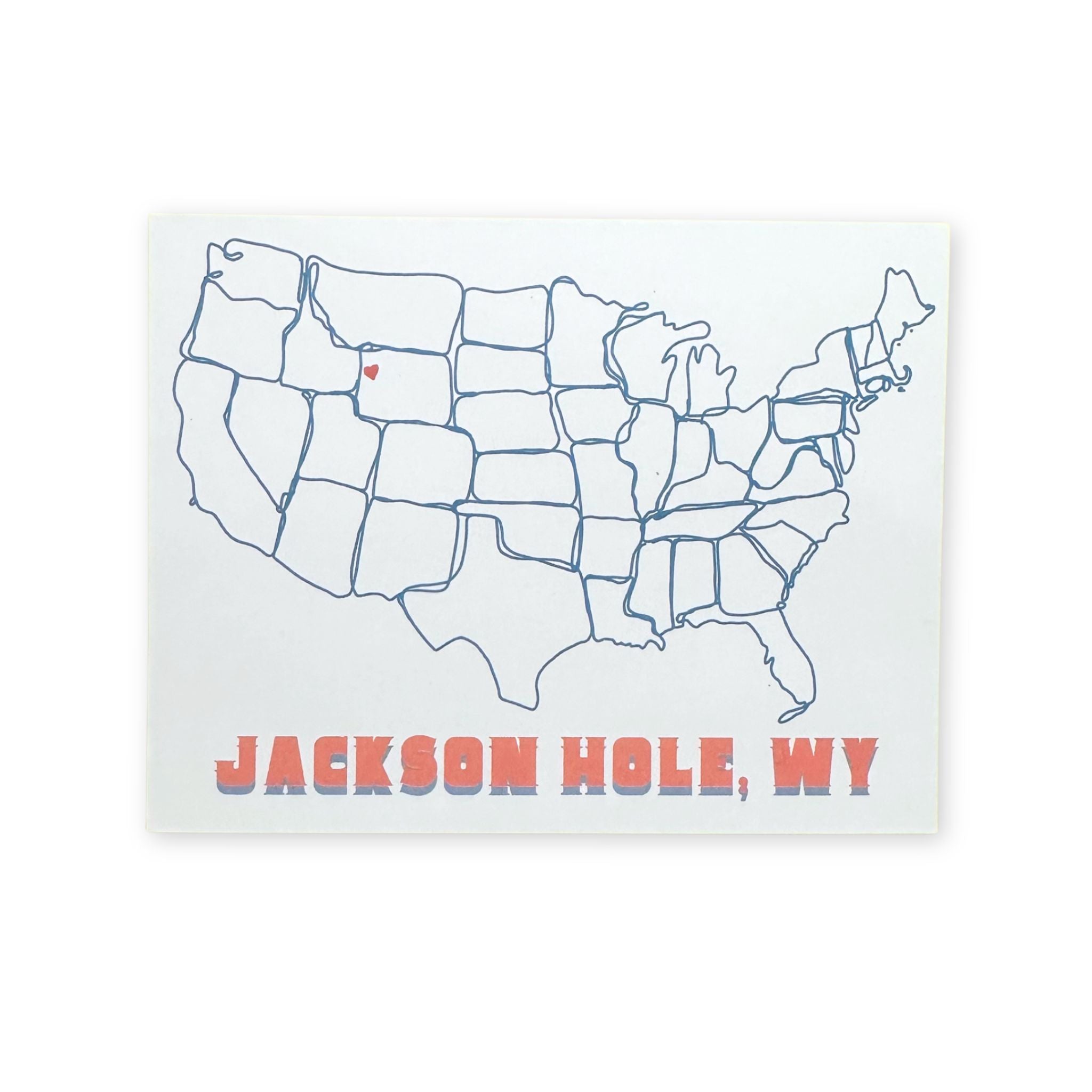 Map of the United States with a red heart where Jackson hole is and 'Jackson Hole, WY' text on a white background