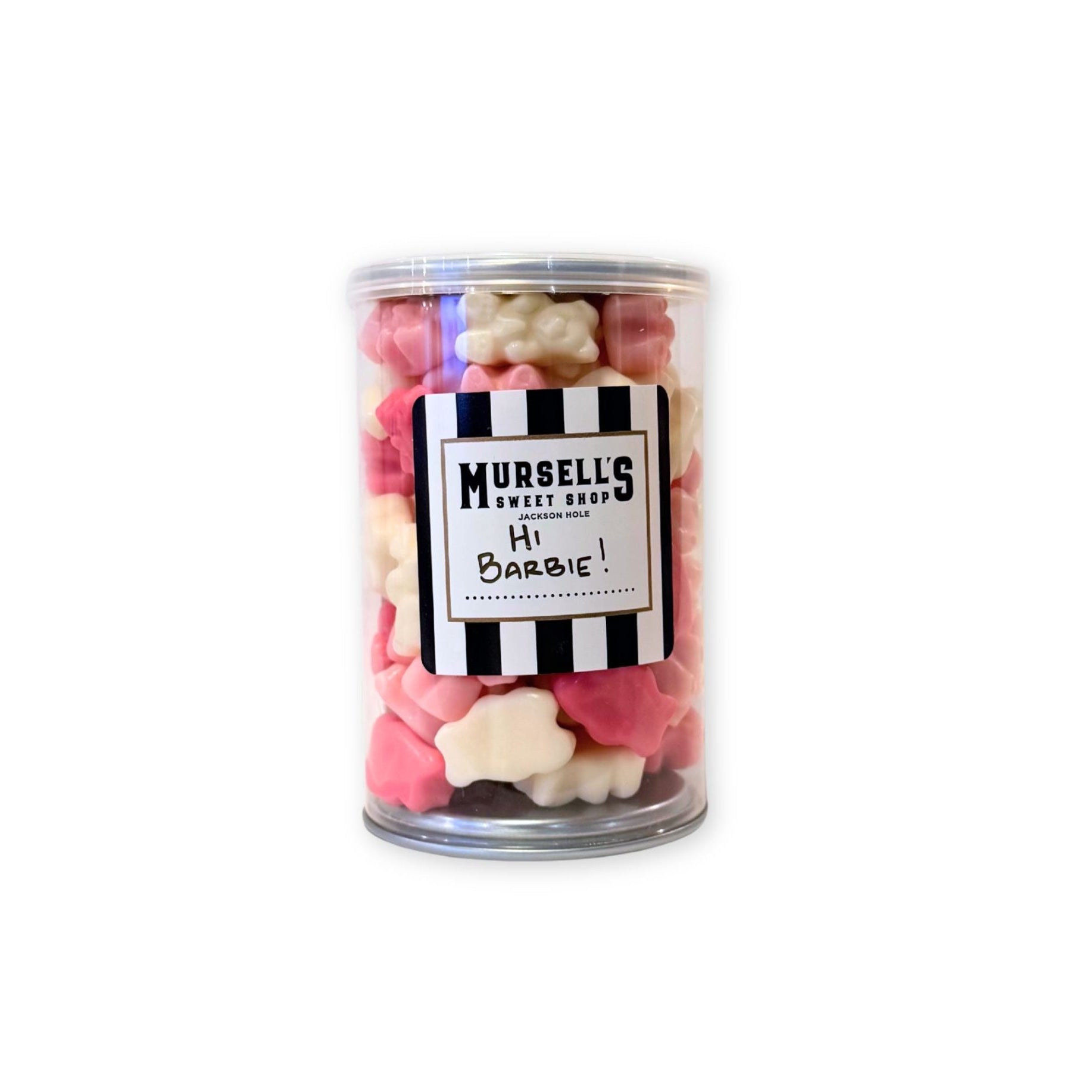 Jar of Mursells Hi Barbie gummy bears with a label on a white background