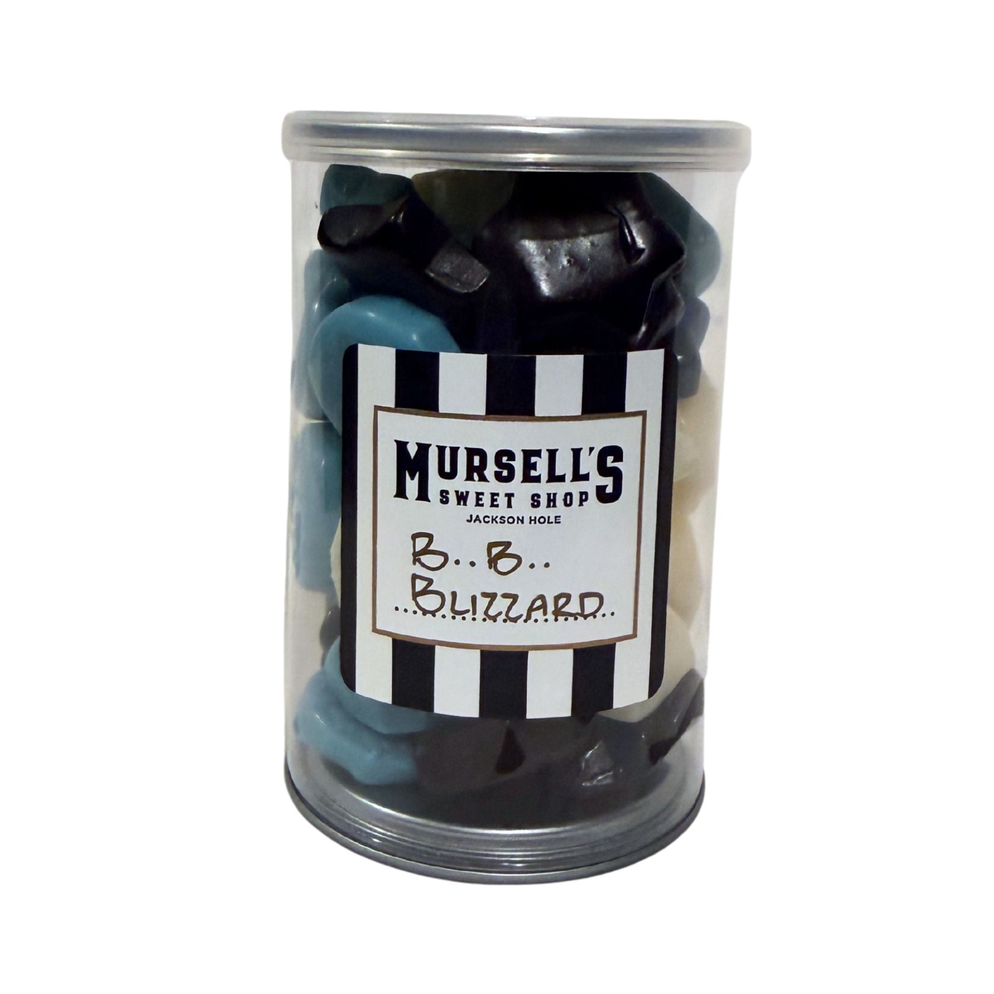 Gummies colored blue navy and white in a Mursell's tin