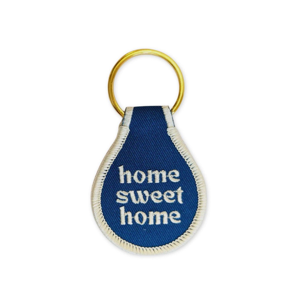 Home Sweet Home Stitched into blue keychain.
