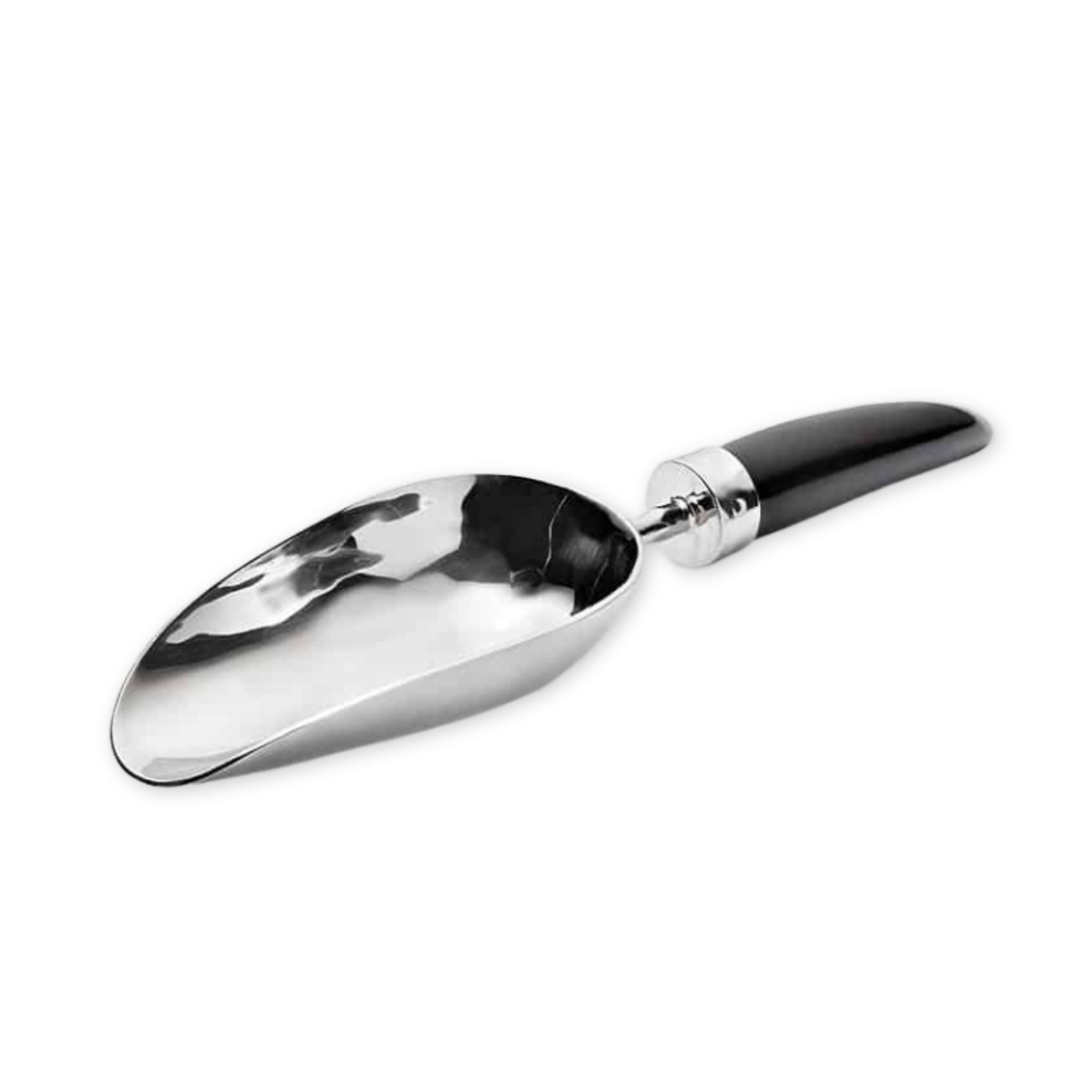 Metal scoop with black handle on a white background