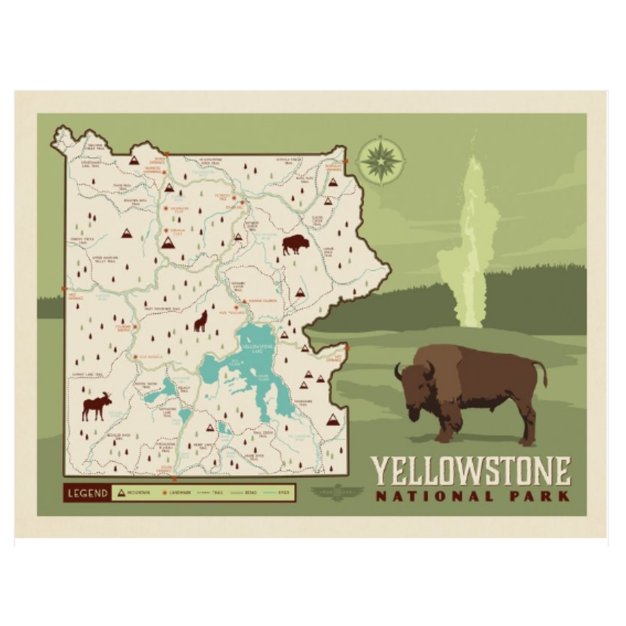 print featuring a hand drawn map of yellowstone national park with a bison and old faithful geyser erupting in the background