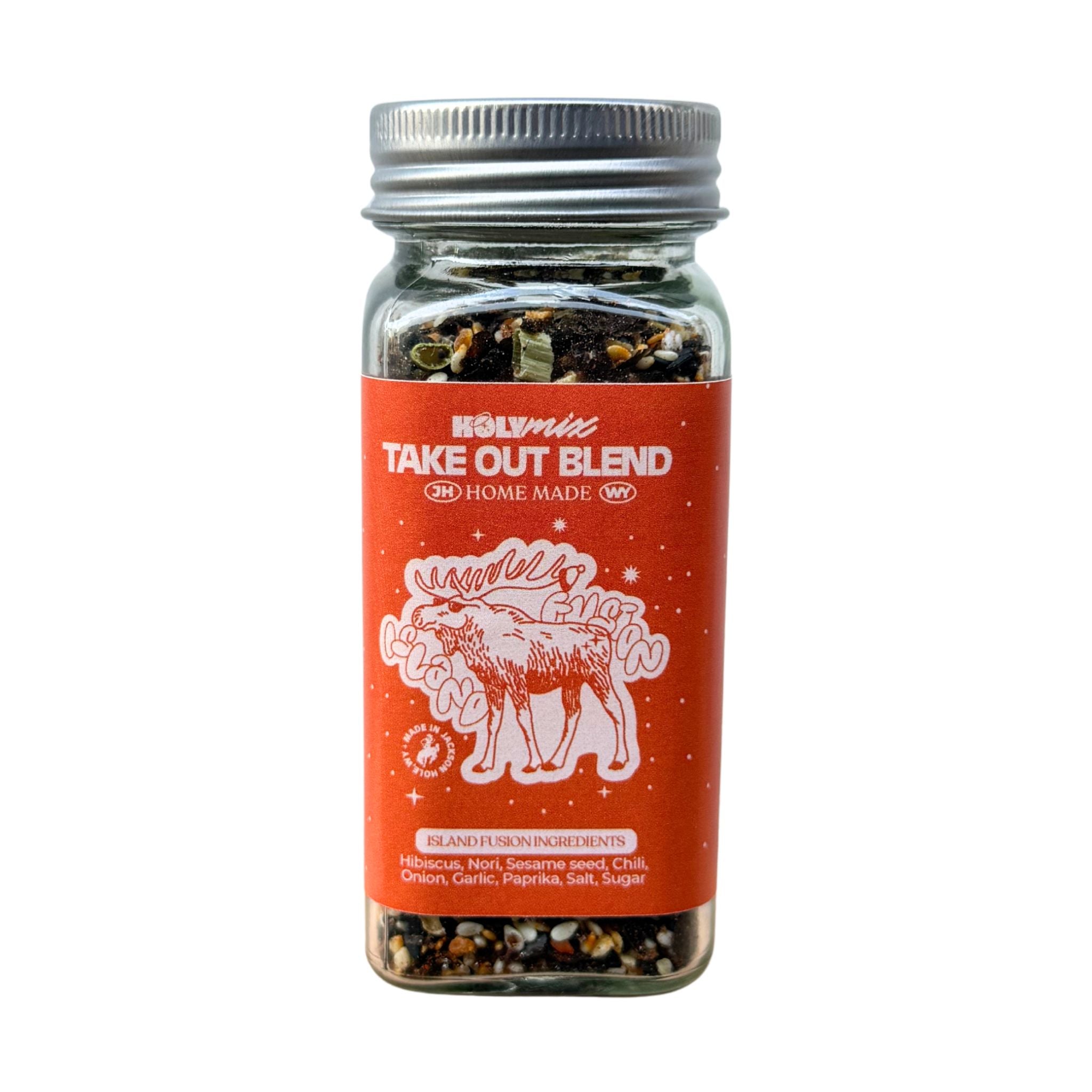 Island Fusion Seasoning made in Jackson Hole in a glass jar, featuring a moose on the label.