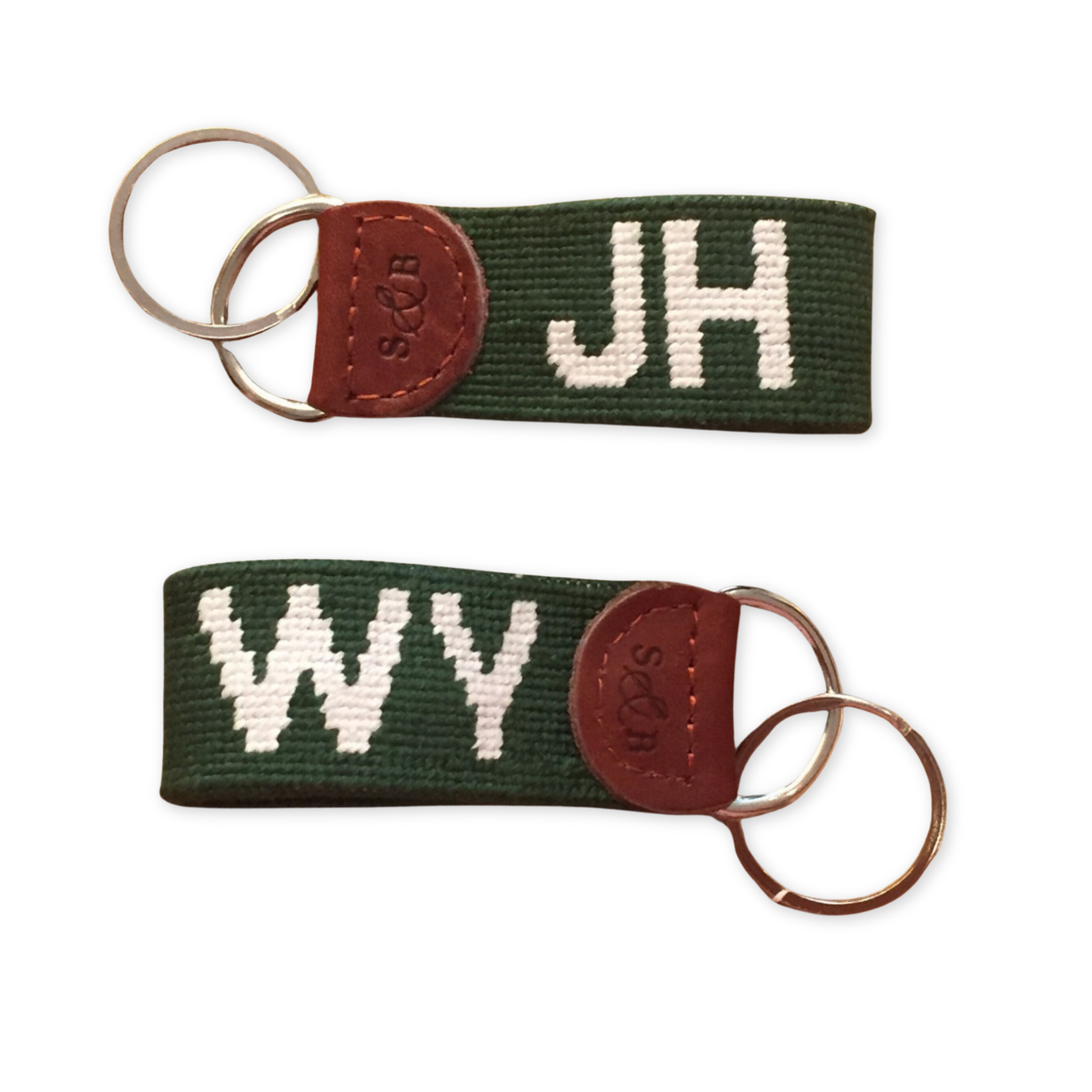 hand stitched needlepoint key fob with jh wy design