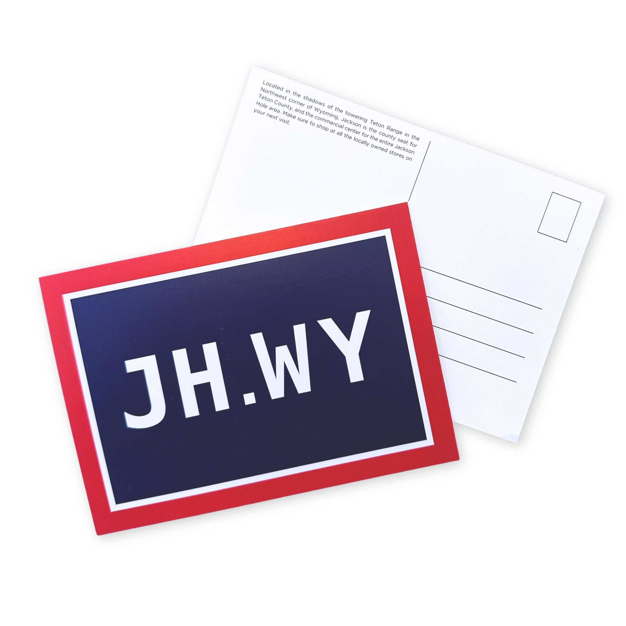 Postcard with 'JH.WY' printed on a blue background with a red border, on a white background.