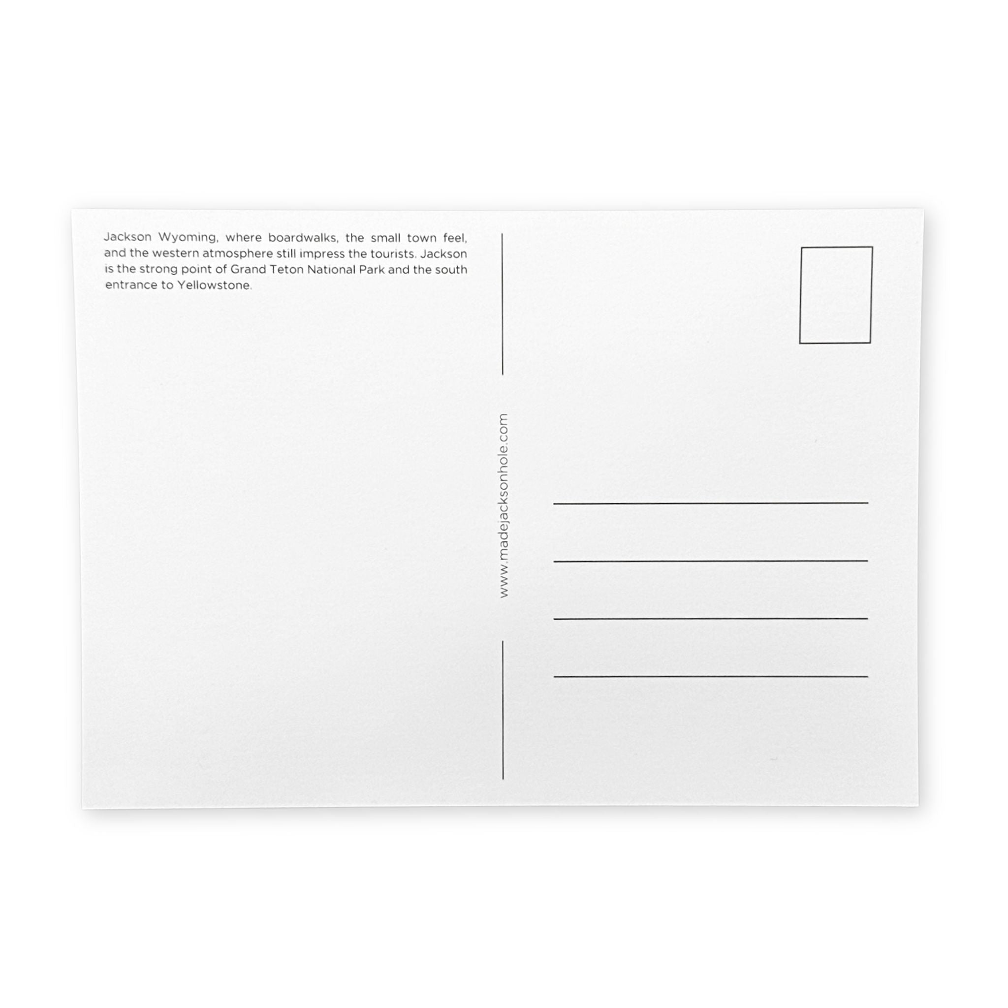 Back of a postcard with text and design elements on a white background