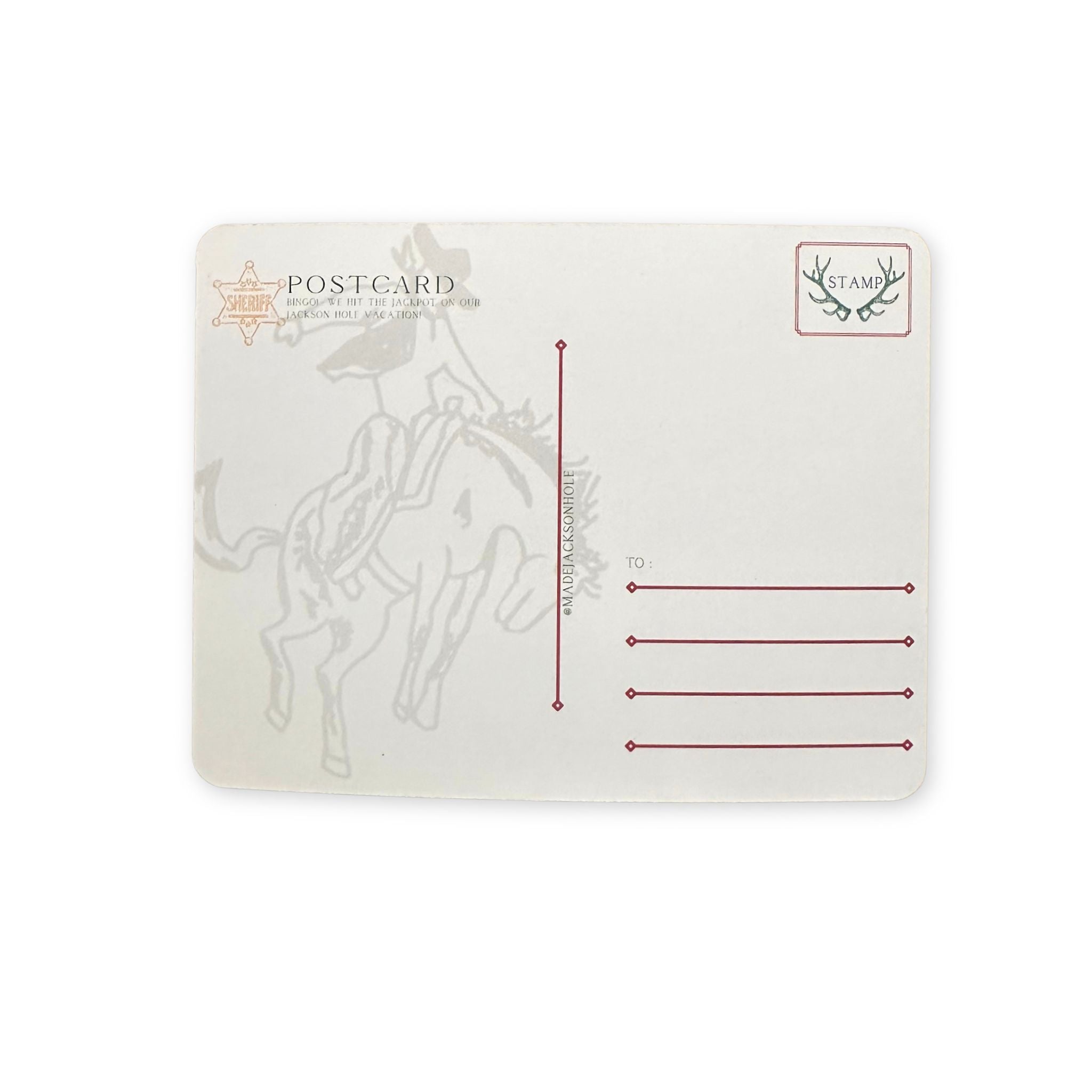 The back of a postcard showing a line for writing the perfect message, and a bucking bronco silhouette. 