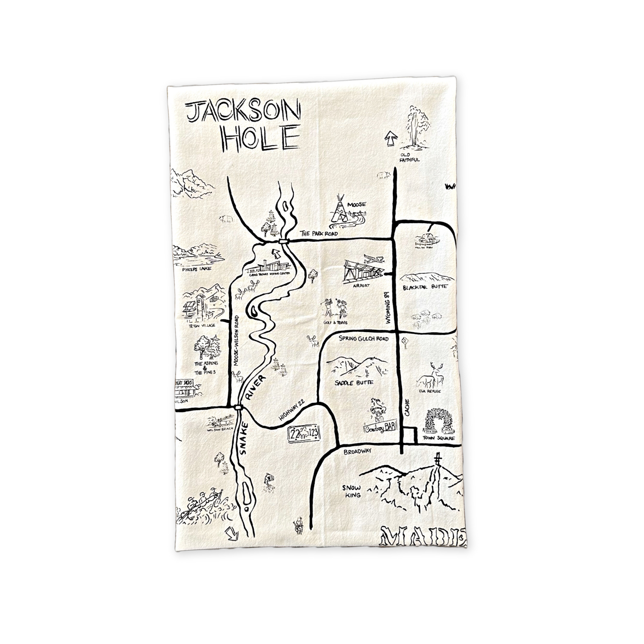 flour sack cotton tea towel featuring a printed map of the town of jackson hole