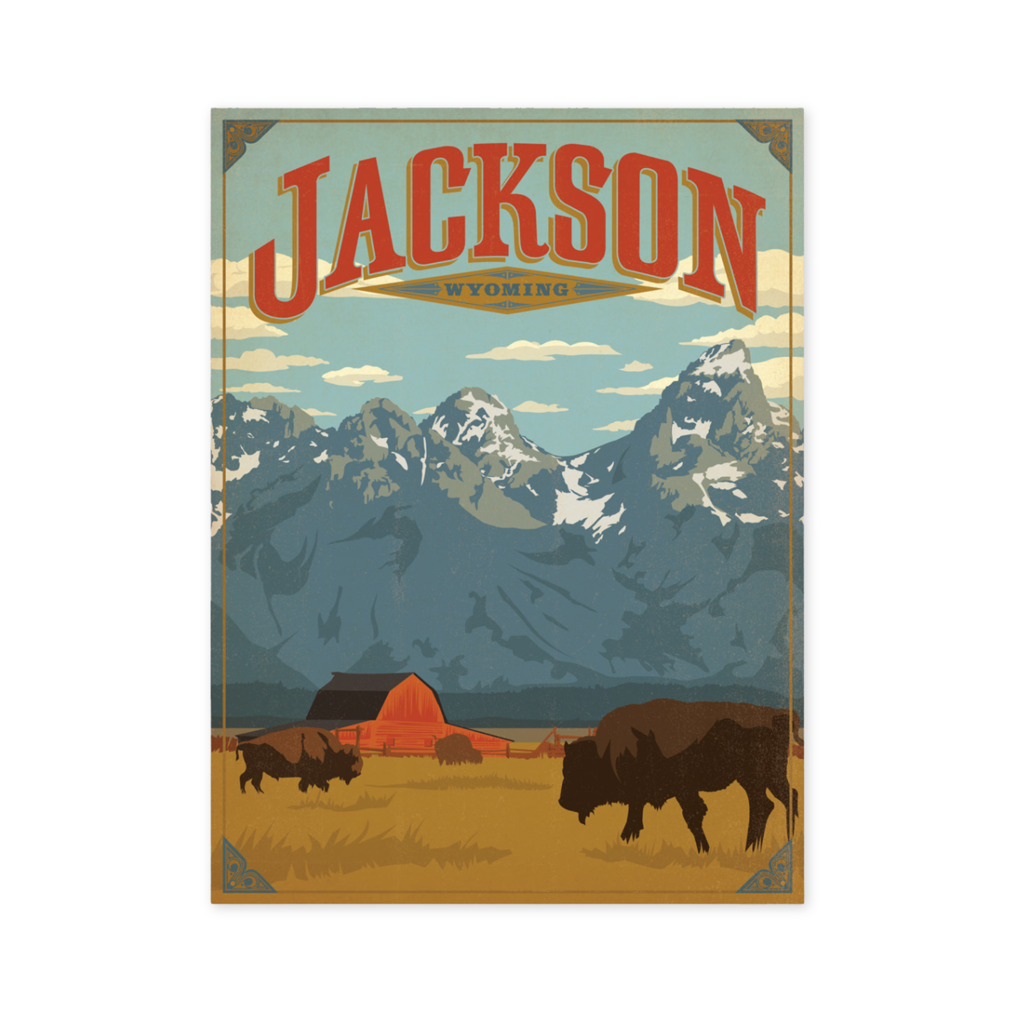 print of the grand tetons with the mormon row barn and bison with jackson wyoming printed on the top