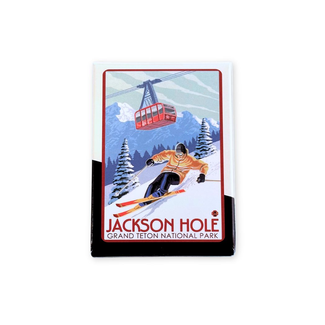 Skiing scene with a gondola and skier, featuring 'Jackson Hole Grand Teton National Park' text.