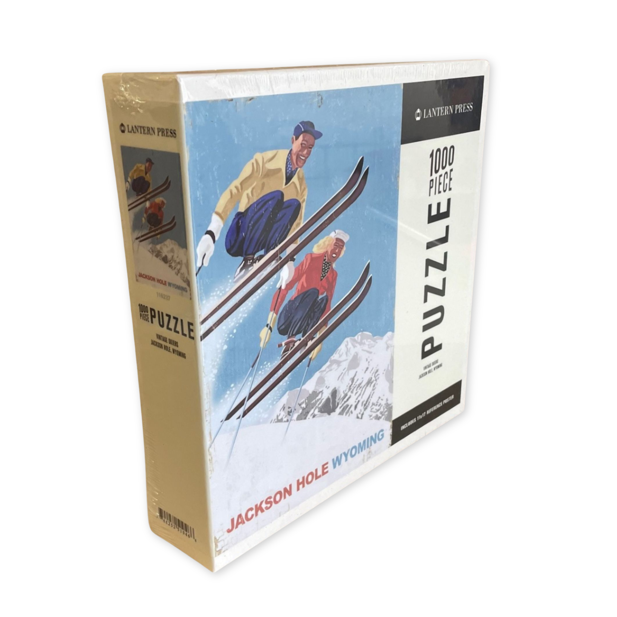 one thousand piece puzzle with featuring a vintage style image of two skiers