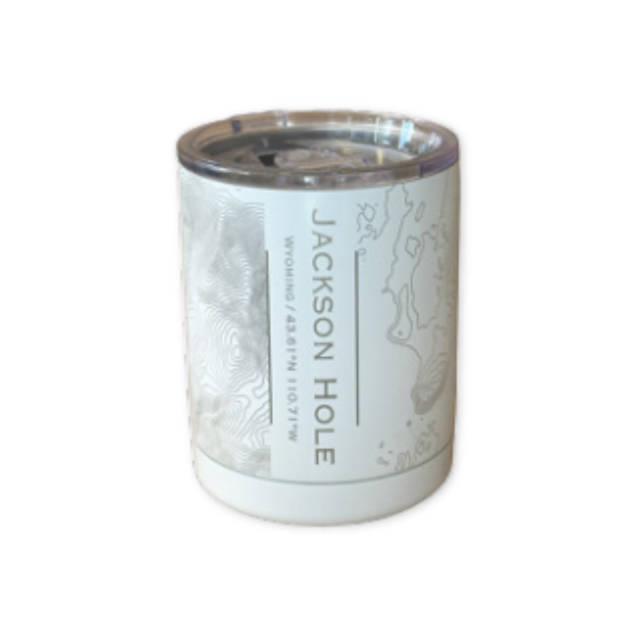 travel insulated coffee mug with topographic jackson hole map engraved on it