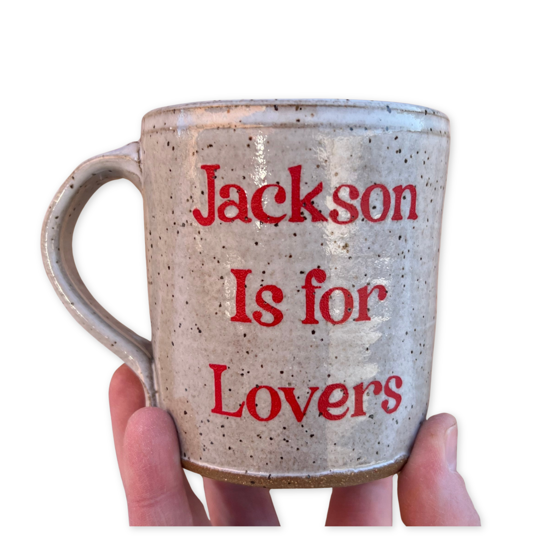 speckled ceramic mug with the words jackson is for lovers printed on the front