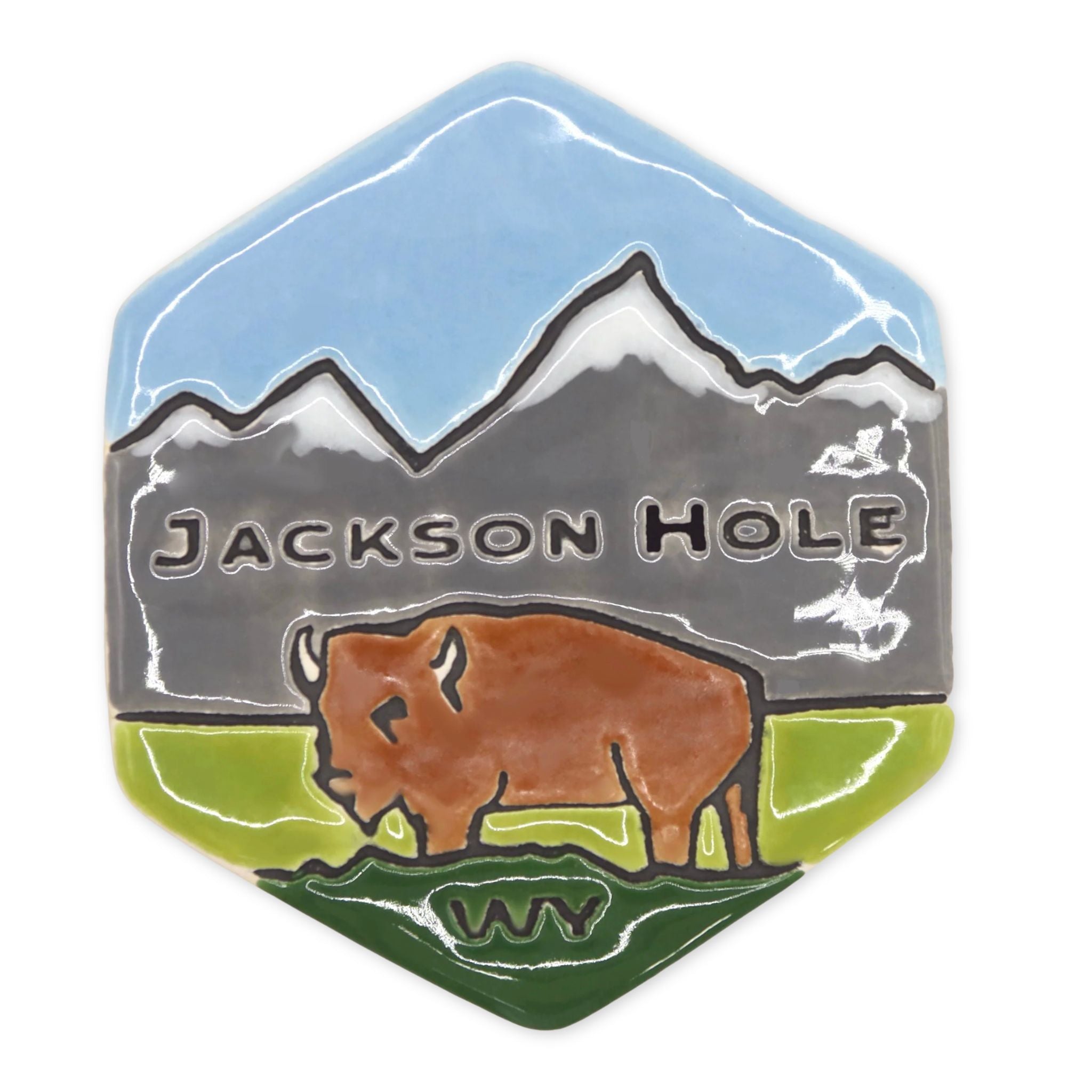 Magnet featuring the tetons and a bison