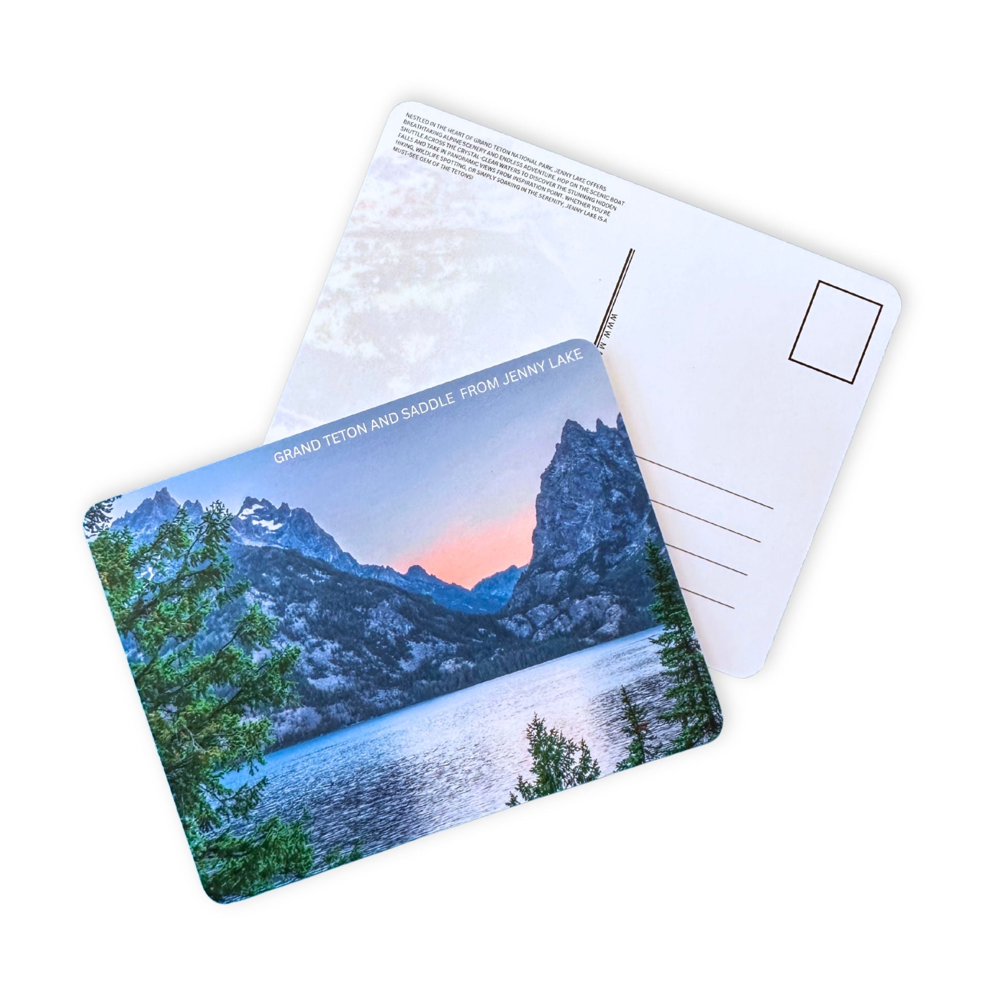 Postcard with a scenic view of mountains and lake, showing both front and back.