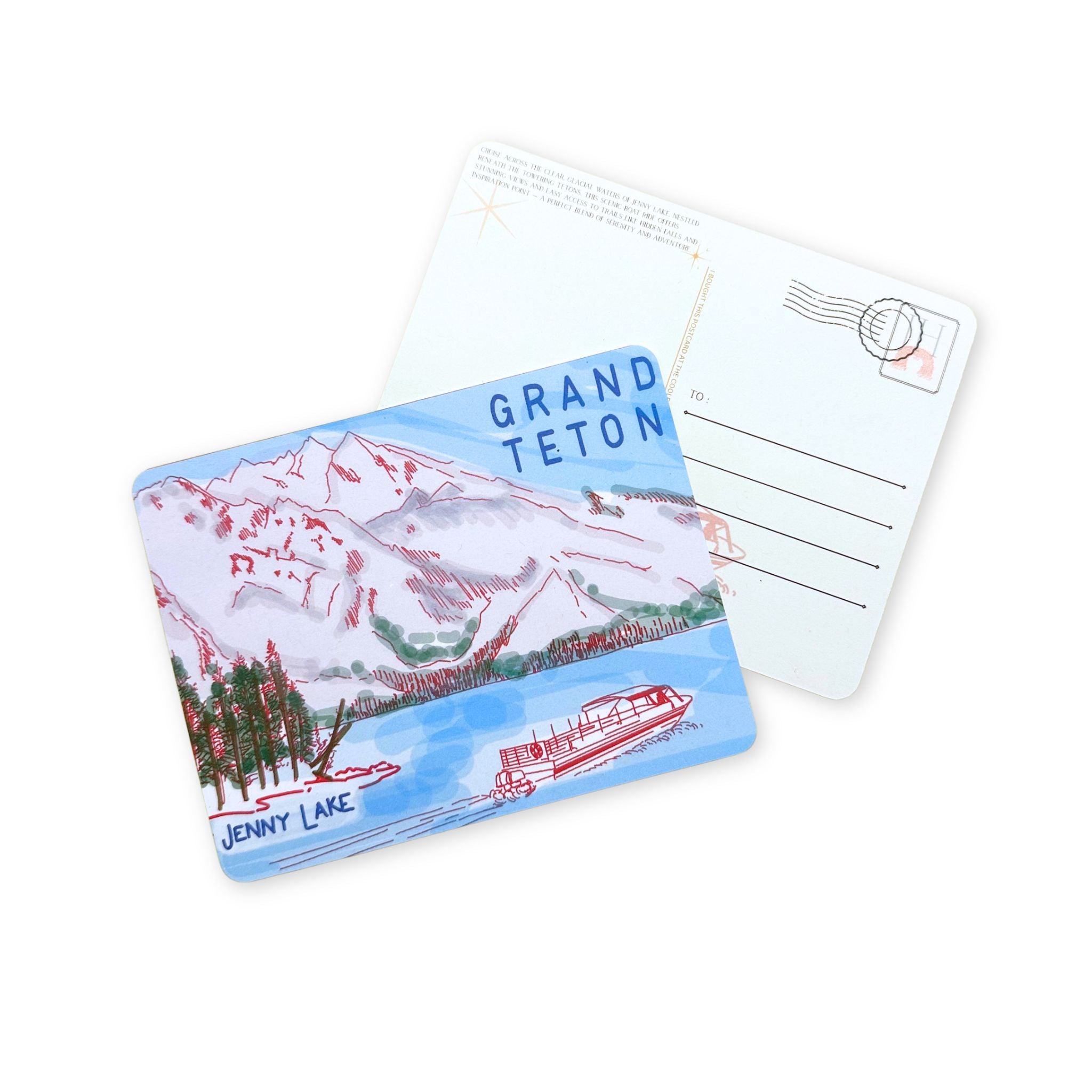 Postcard with a scenic illustration of Grand Teton and Jenny Lake, featuring a boat on a lake.
