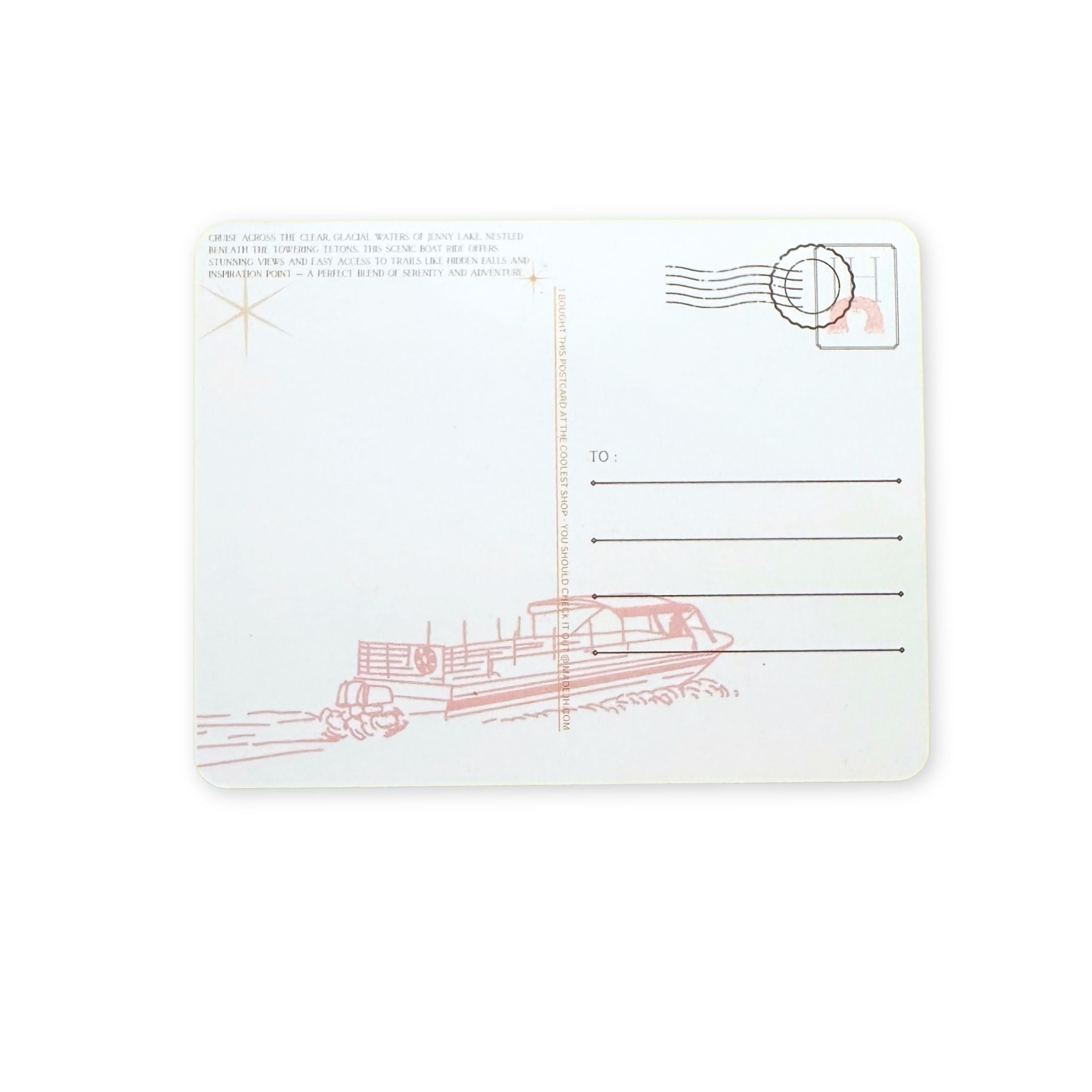 Postcard with a boat illustration and mailing details on a white background