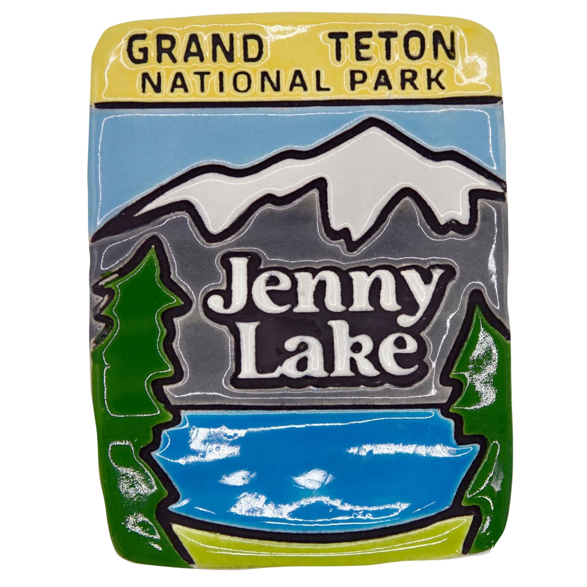 A square magnetfeaturing a stylized landscape design for Grand Teton National Park, with mountains, trees, a blue lake, and the text 'Grand Teton National Park' and 'Jenny Lake'.