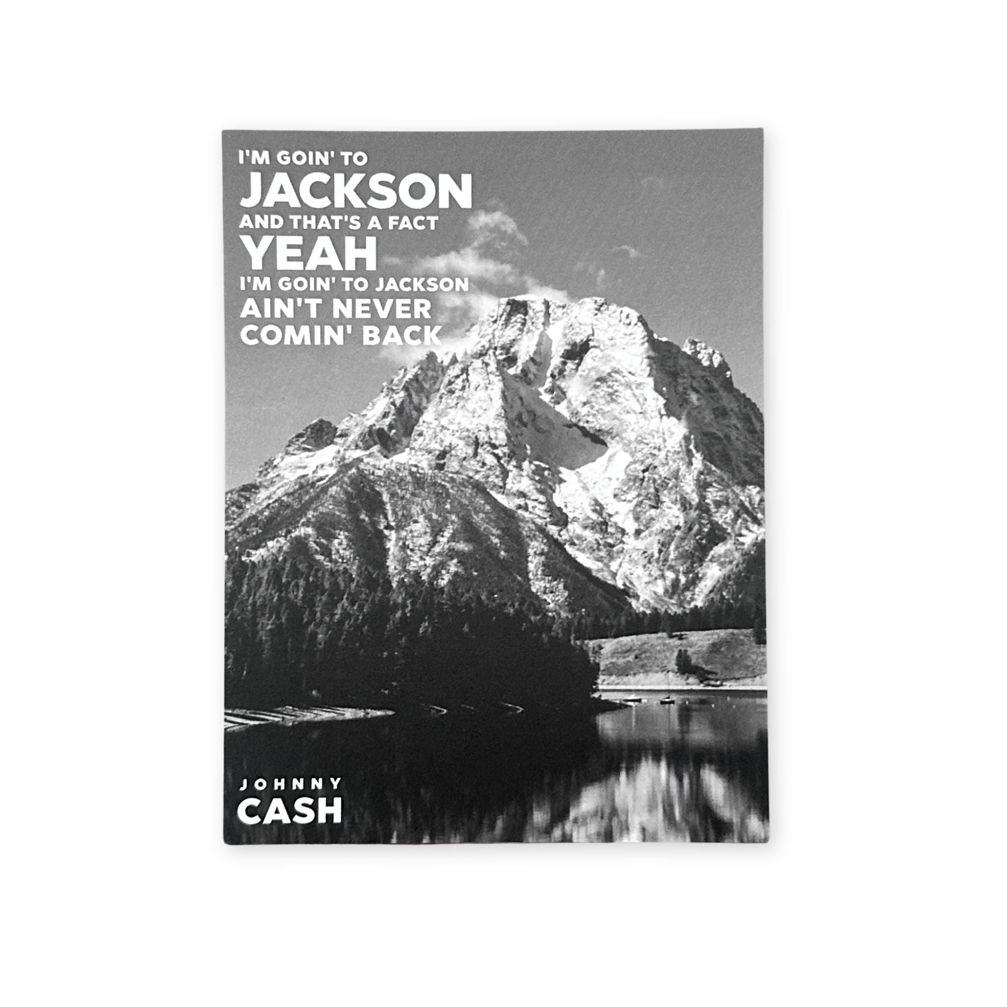 Poster with mountain landscape and Johnny Cash text on a white background