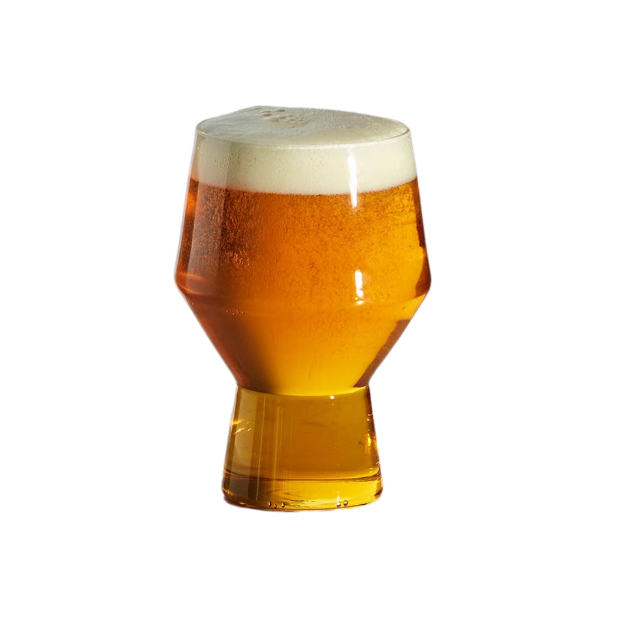 A tulip-shaped glass with a wide bowl and short stem, filled with amber beer and topped with a thick head of white foam, isolated on a white background.