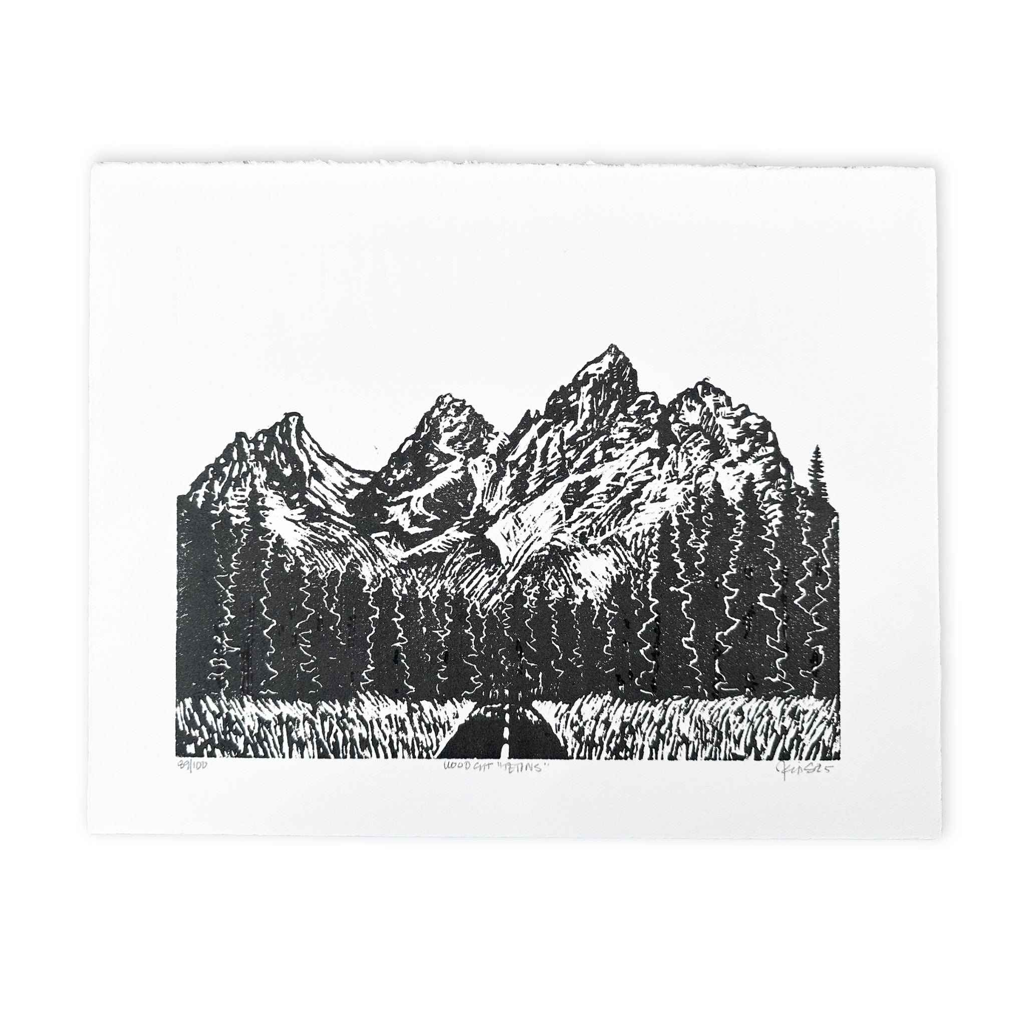 Black and white woodcut print of the teton mountain range. 