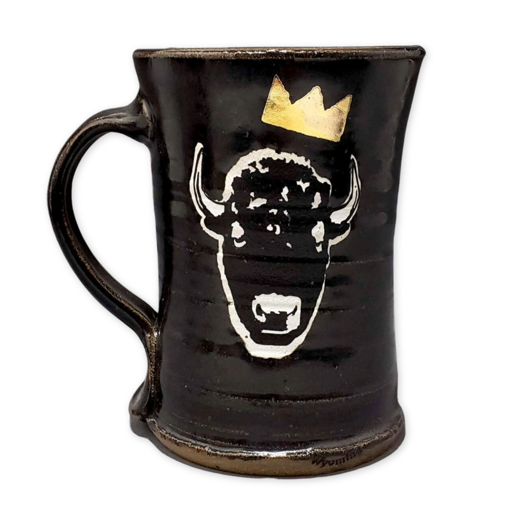 black ceramic mug with a bison head and a crown