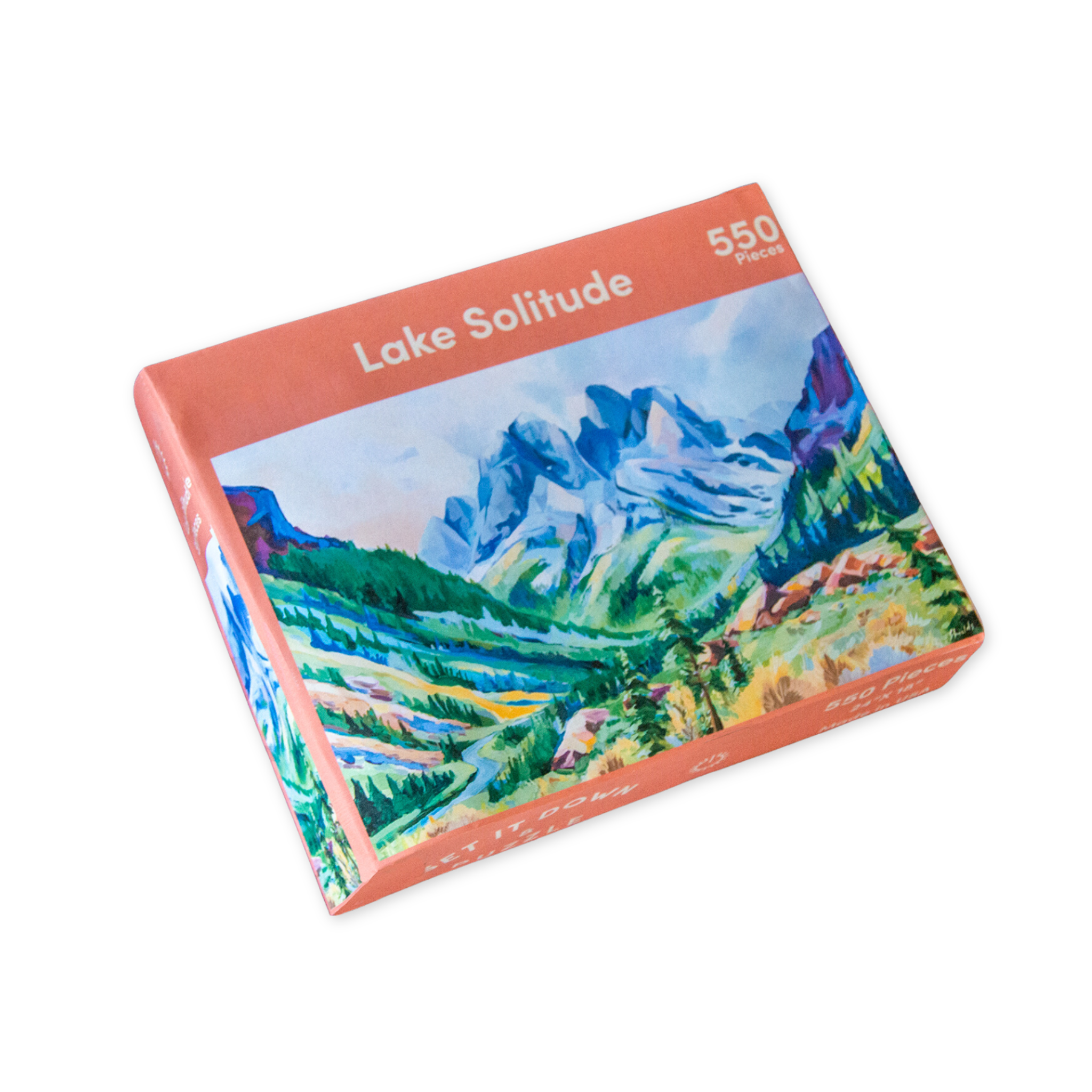 five hundred fifty piece puzzle featuring an illustration of lake solitude in grand teton national park