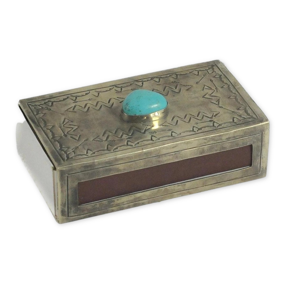 Large Silver Stamped Matchbox With Turquoise