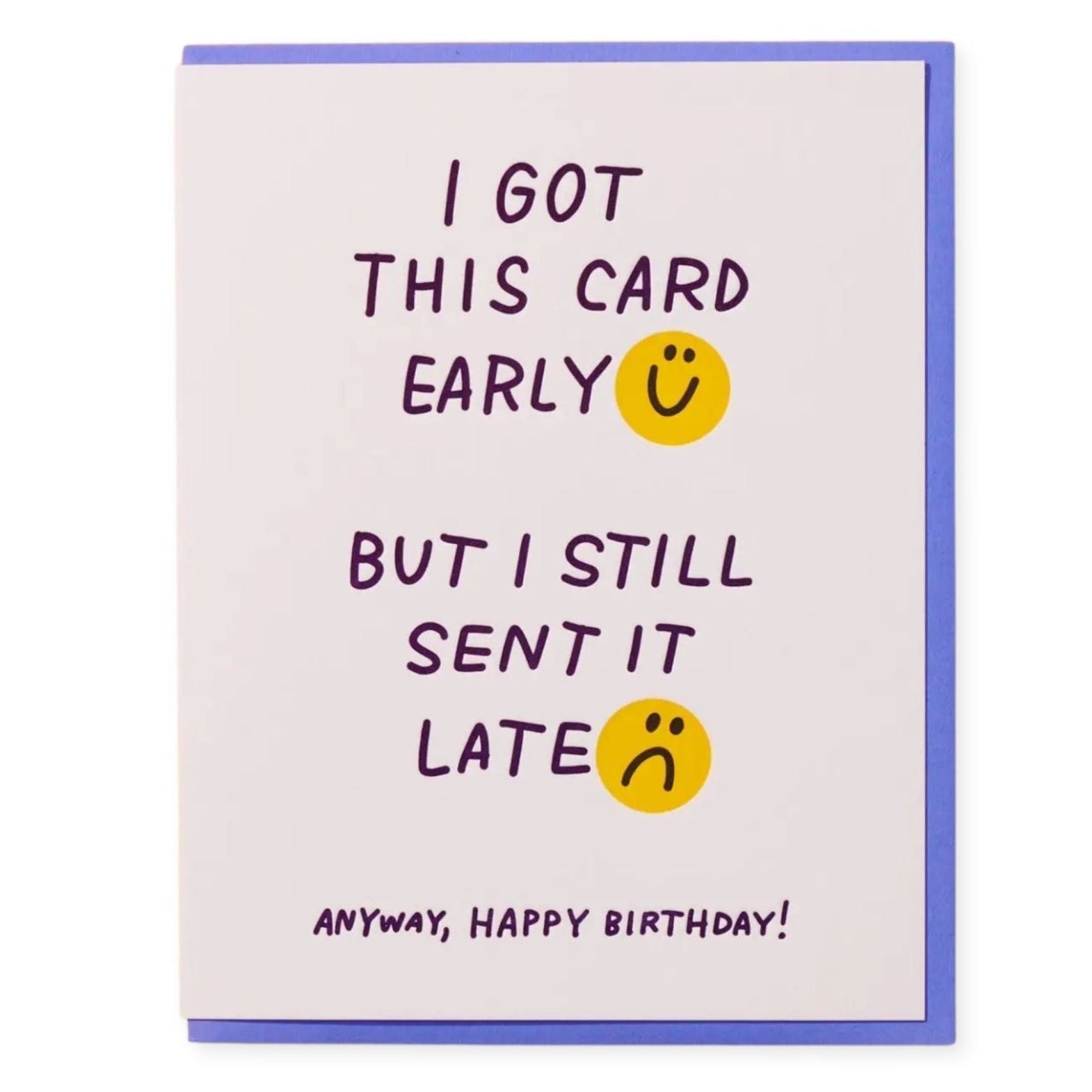 Birthday card with humorous text and emojis on a white background