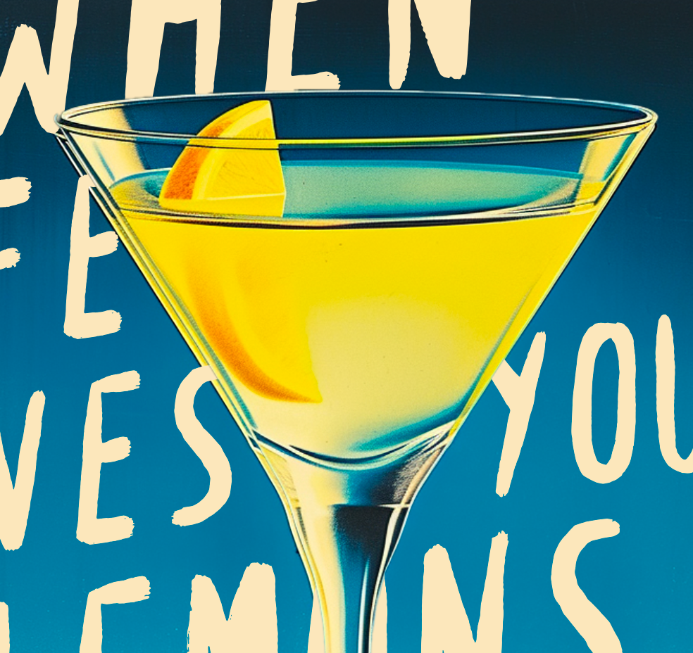 Yellow cocktail in a martini glass with a lemon twist against a blue background with white text.