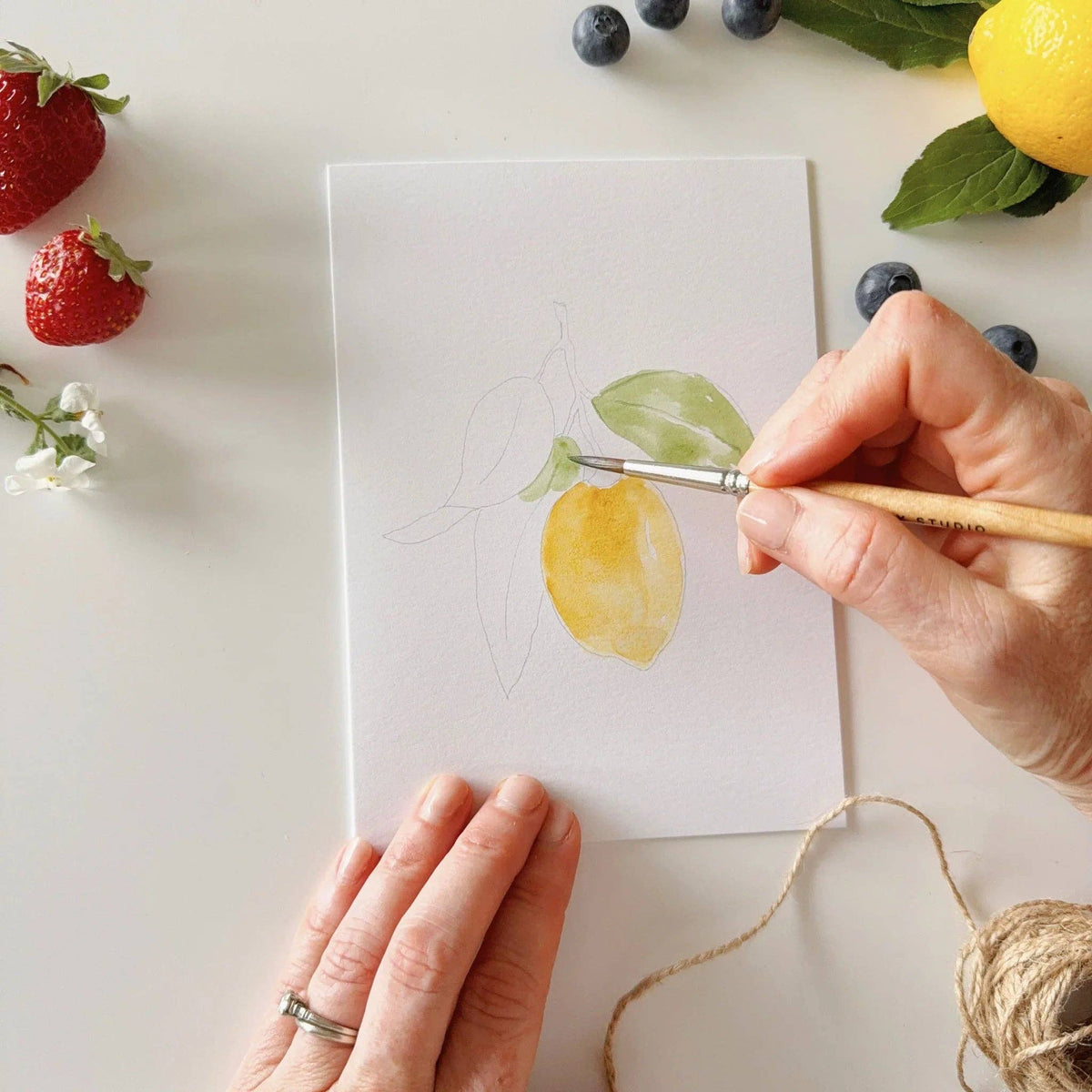 A pack of paintable watercolor notecards by Emily Lee Studio, featuring four watercolor fruit illustrations strawberries, lemon, orange, and blueberries.