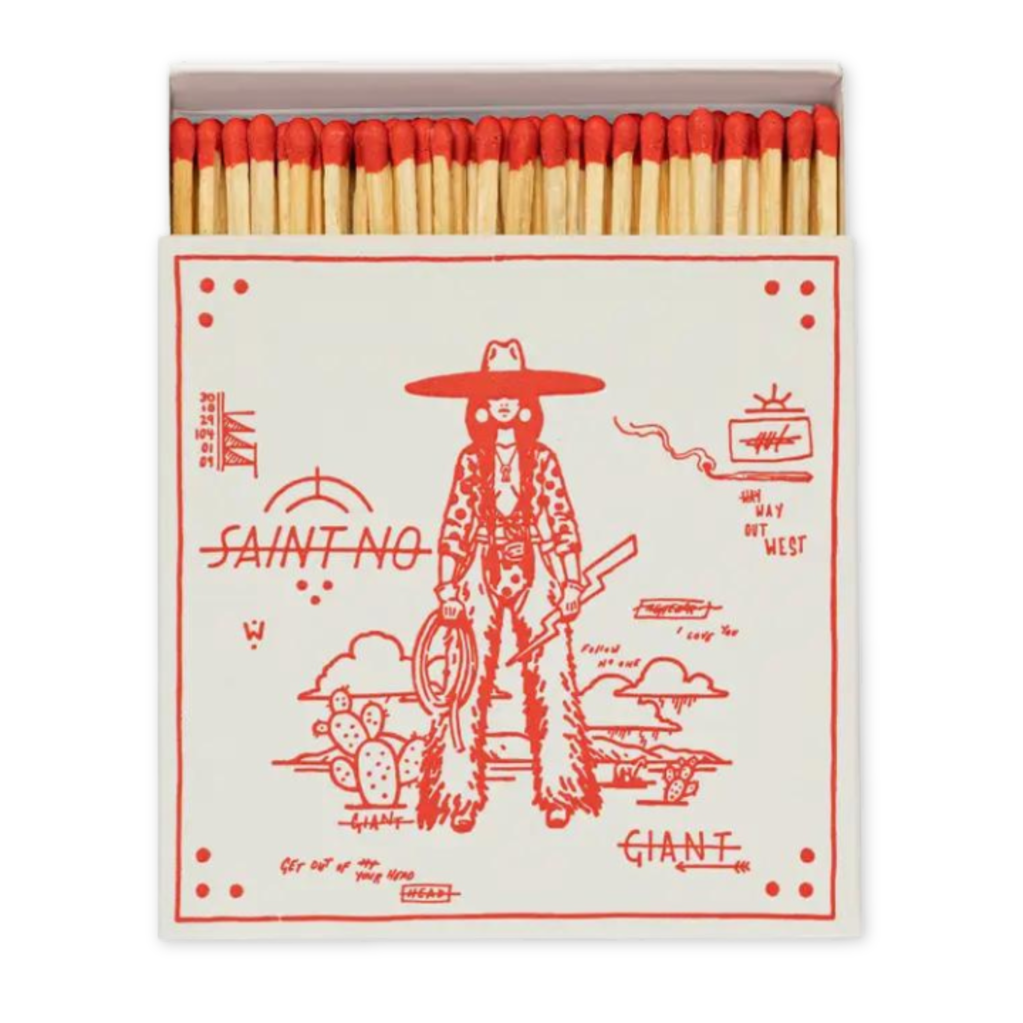 white square matchbox with a hand drawn cowgirl and small western sketches all in red ink