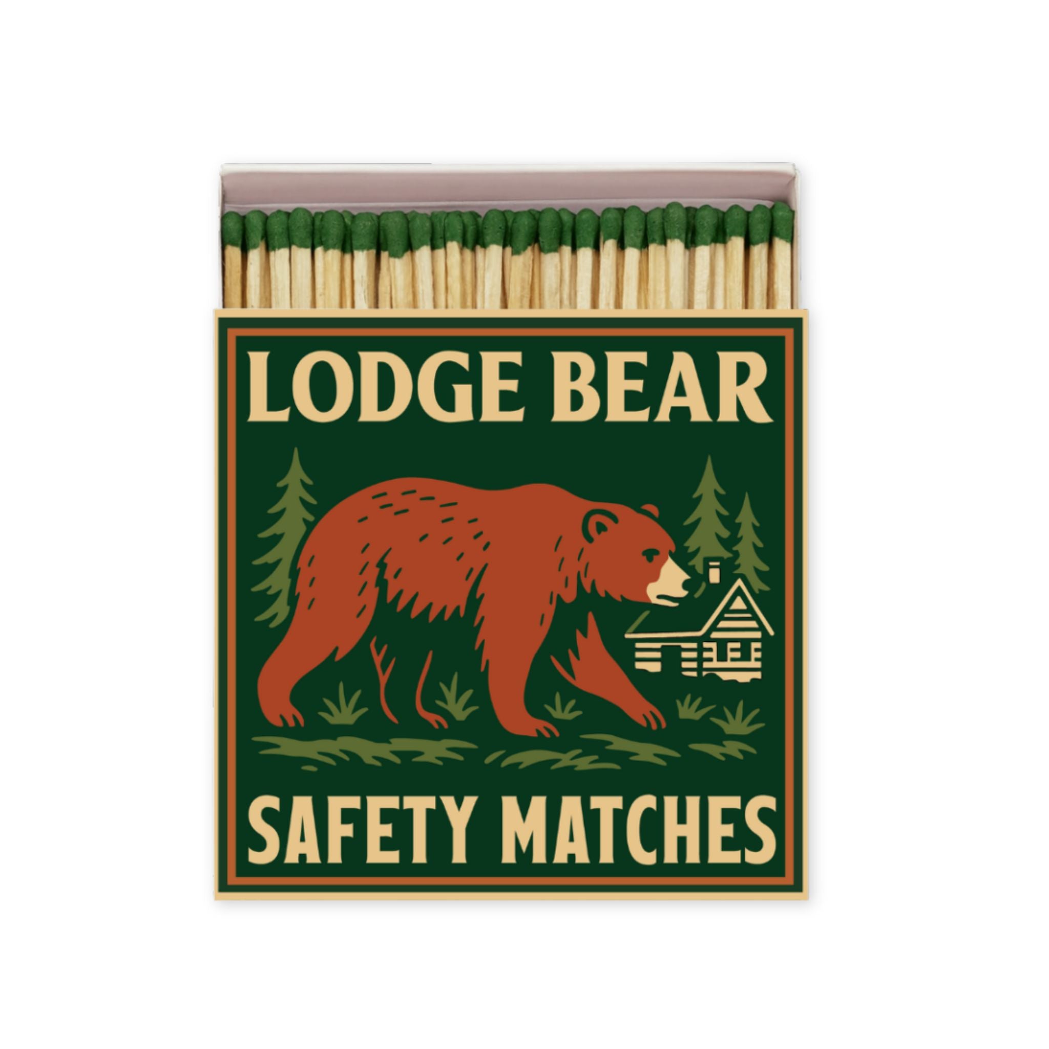 Matchbox with a bear design and 'Lodge Bear Safety Matches' text on a white background
