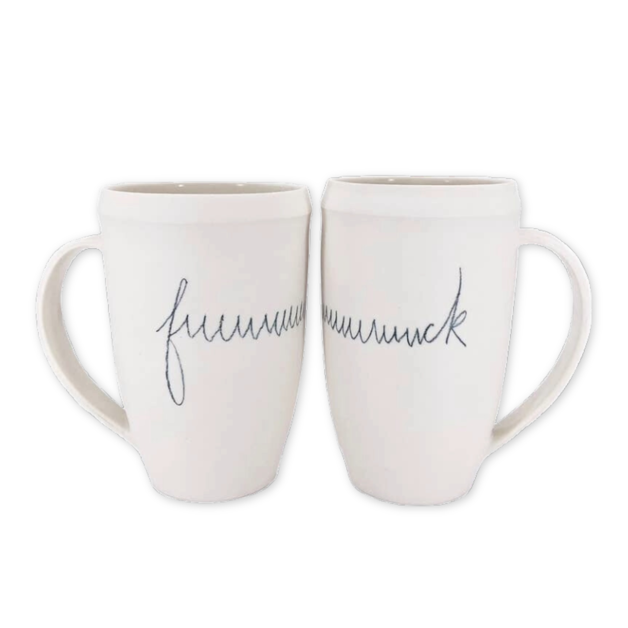 tall handmade ceramic mug with the word f****ck printed on it