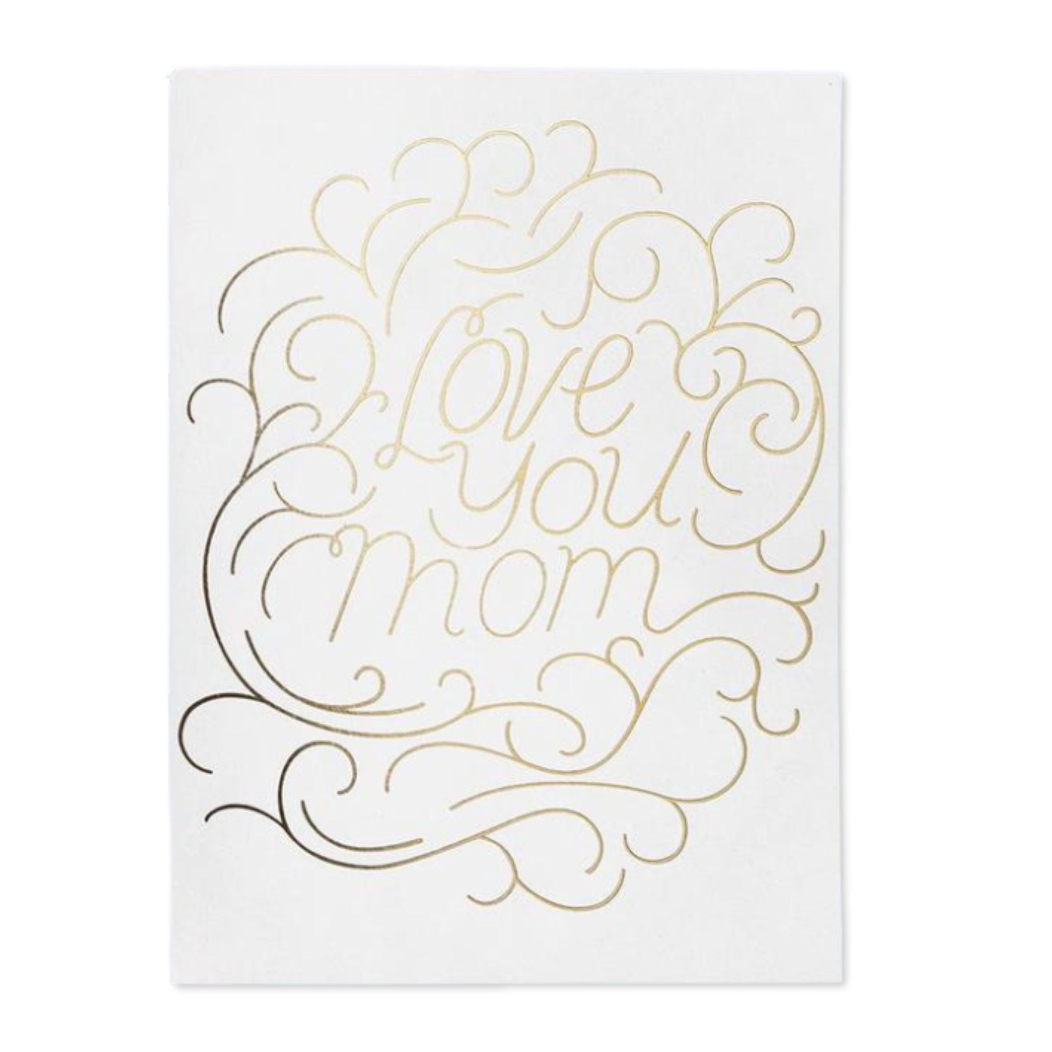 Card with 'I love you mom' text in gold on a white background