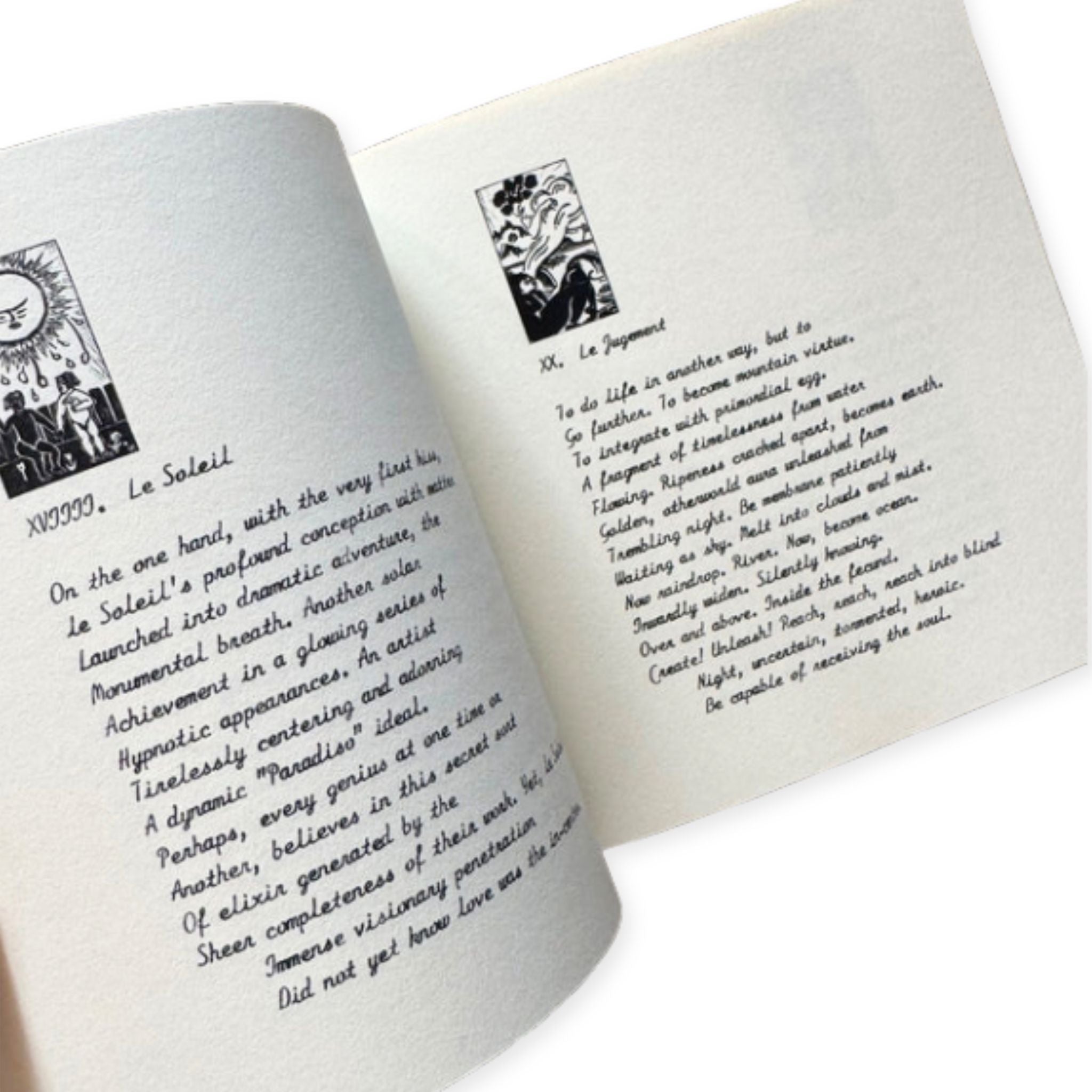 Open book with text and black illustrations on a white background