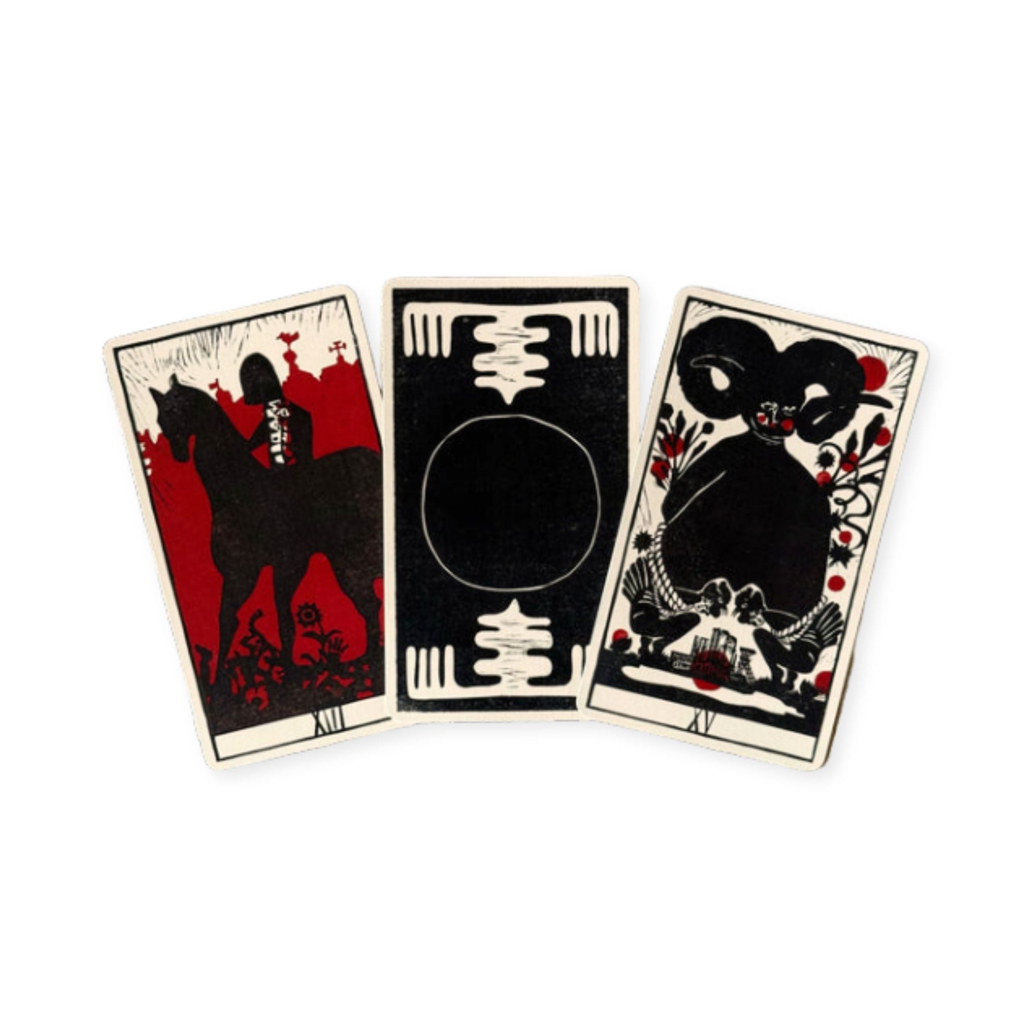 Tarot cards with black, red and white illustrations. 