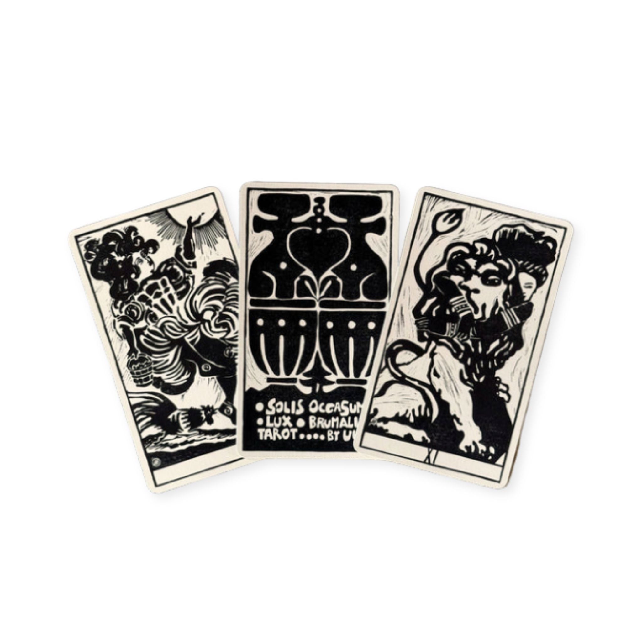 Three tarot cards with black illustrations on a white background