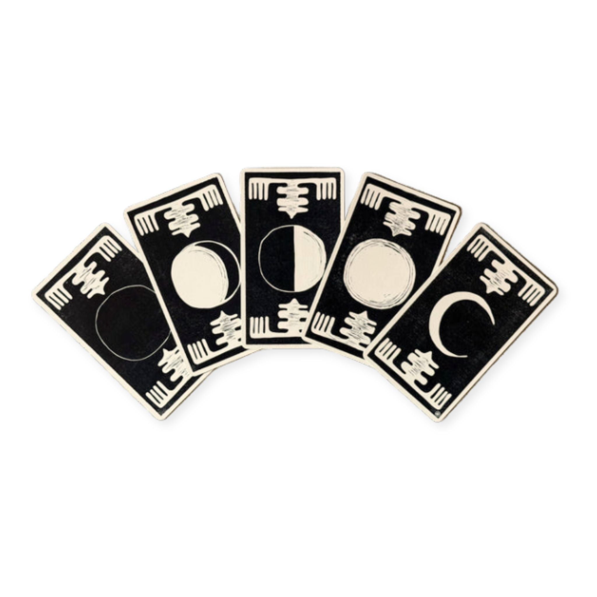 Multiple tarot cards laid out. showing the different moon phases. 
