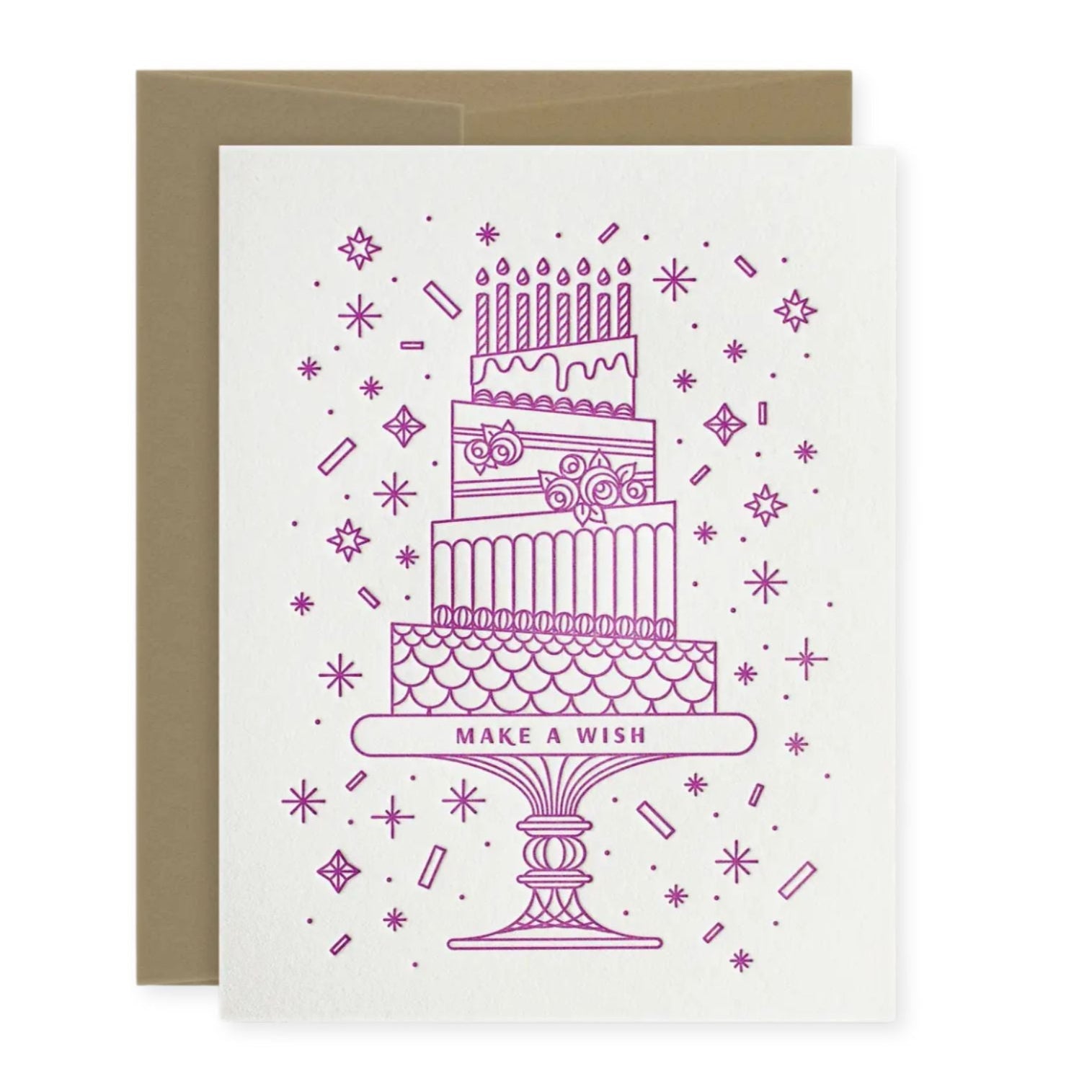 Greeting card with a purple cake illustration and 'Make a Wish' text on a white background.