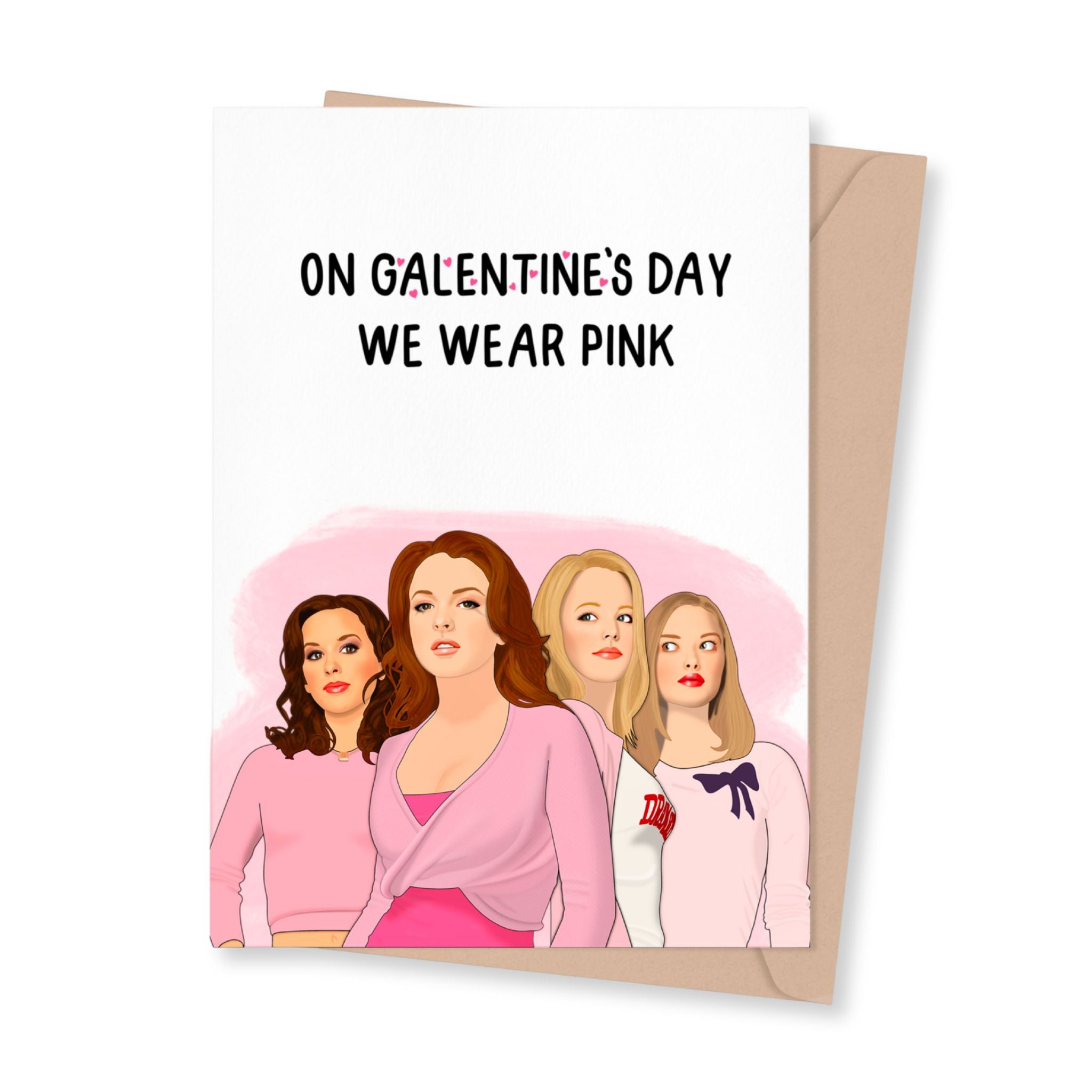 Greeting card with illustration of four women wearing pink on Valentine's Day, featuring text 'On Valentine's Day We Wear Pink'.