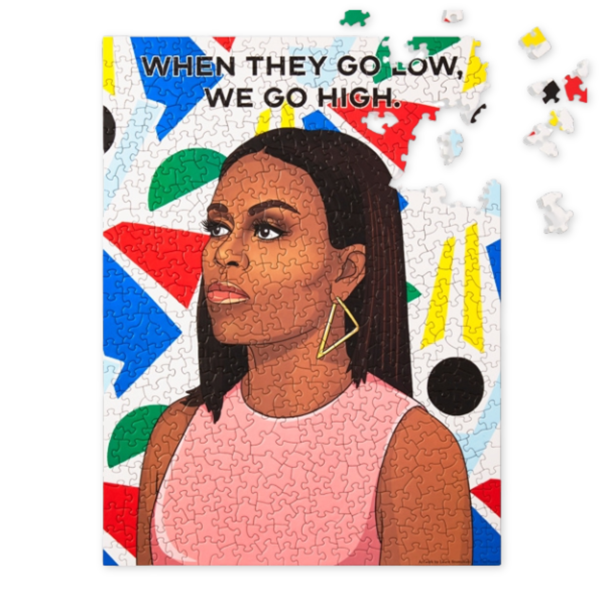 five hundred piece puzzle featuring an illustration of michelle obama and her quote when they go low we go high