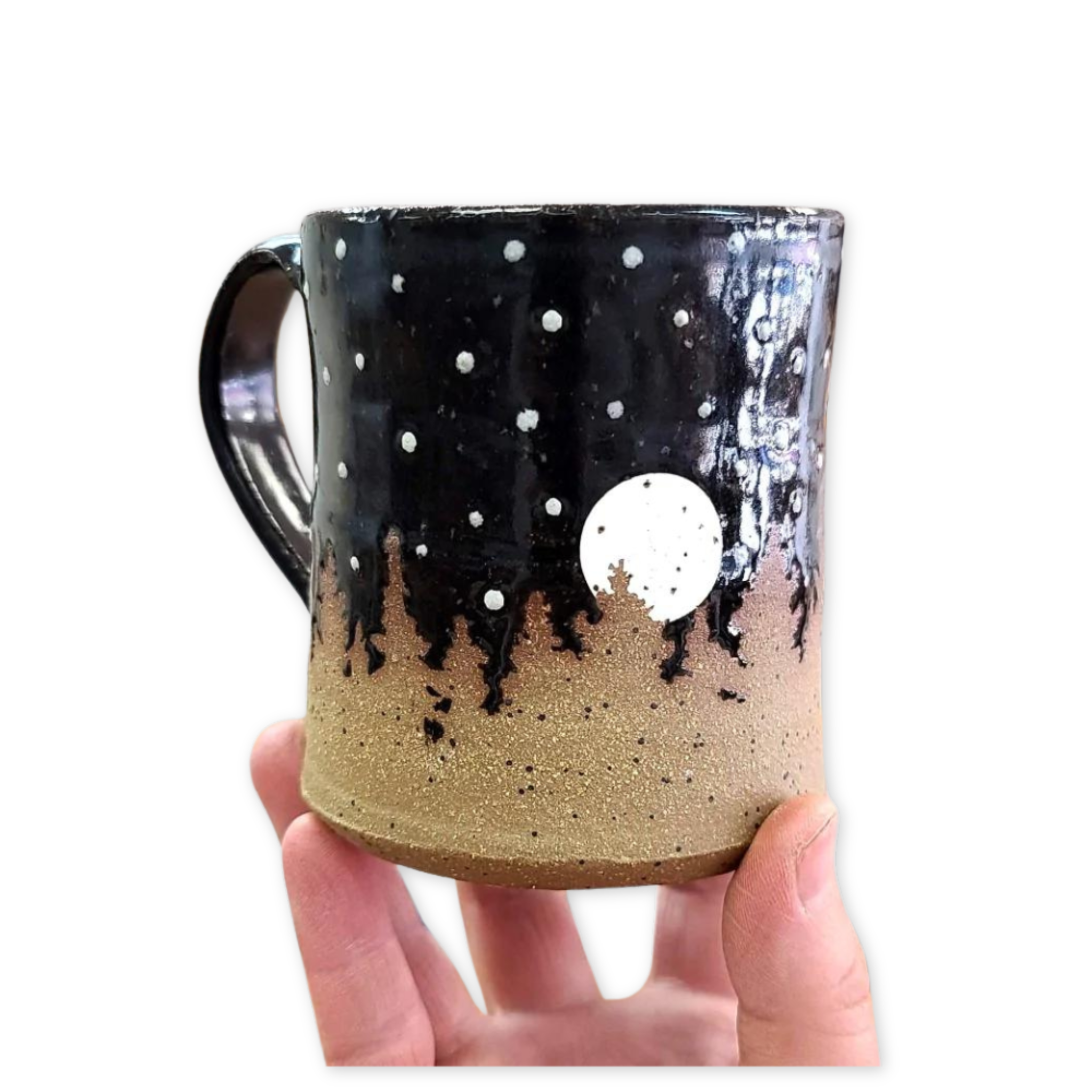 ceramic mug with a full moon and night sky  layered with sandblasted pine trees