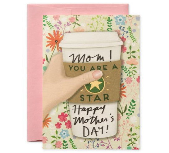 Card with a Starbucks cup design and 'Mom You Are A Star Happy Mother's Day!' text, on a floral background.