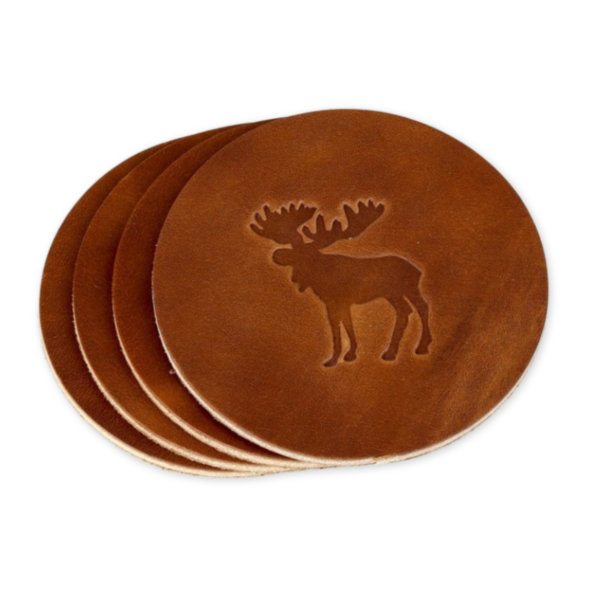 set of four leather coasters heat stamped with moose design