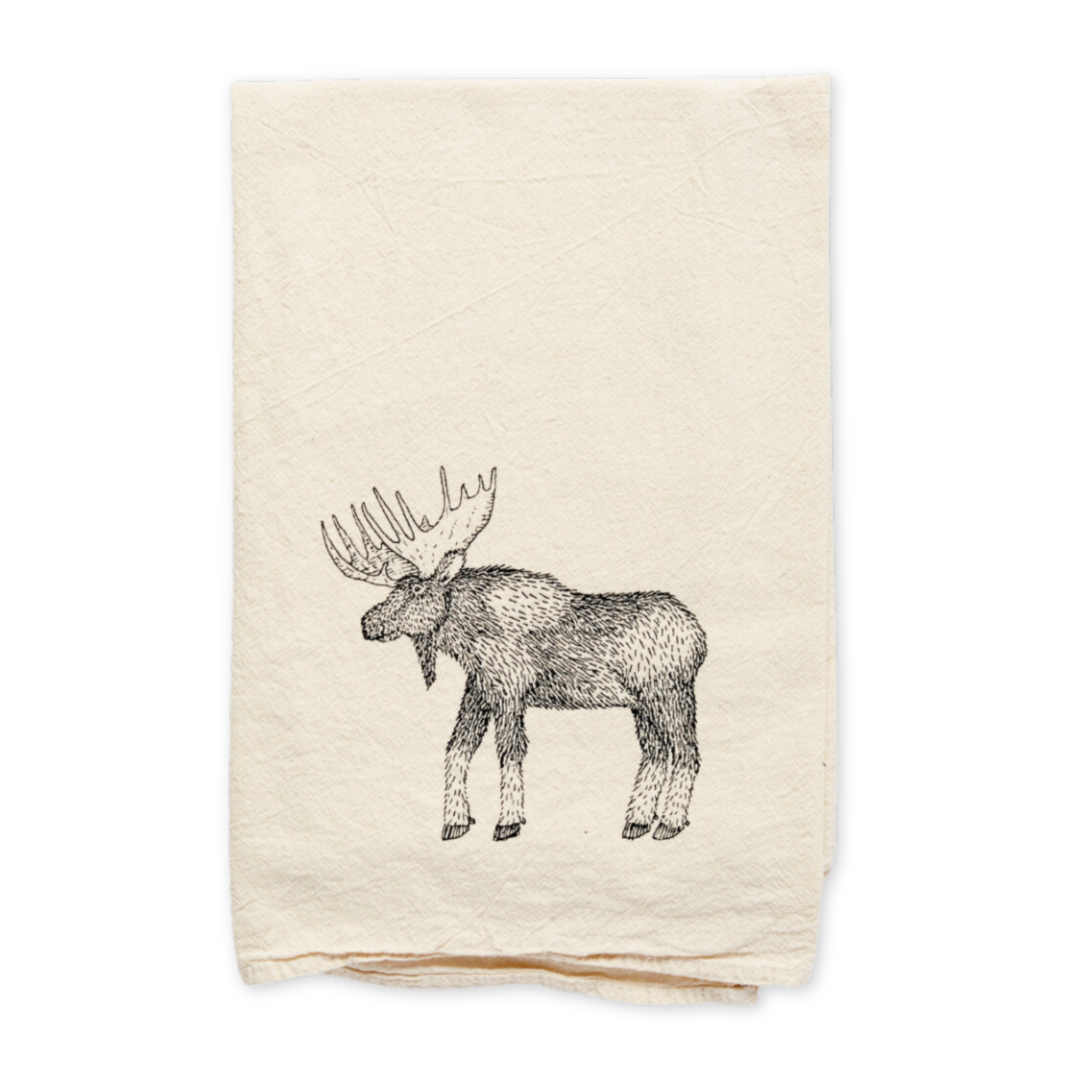 flour sack cotton tea towel featuring a screen printed moose design