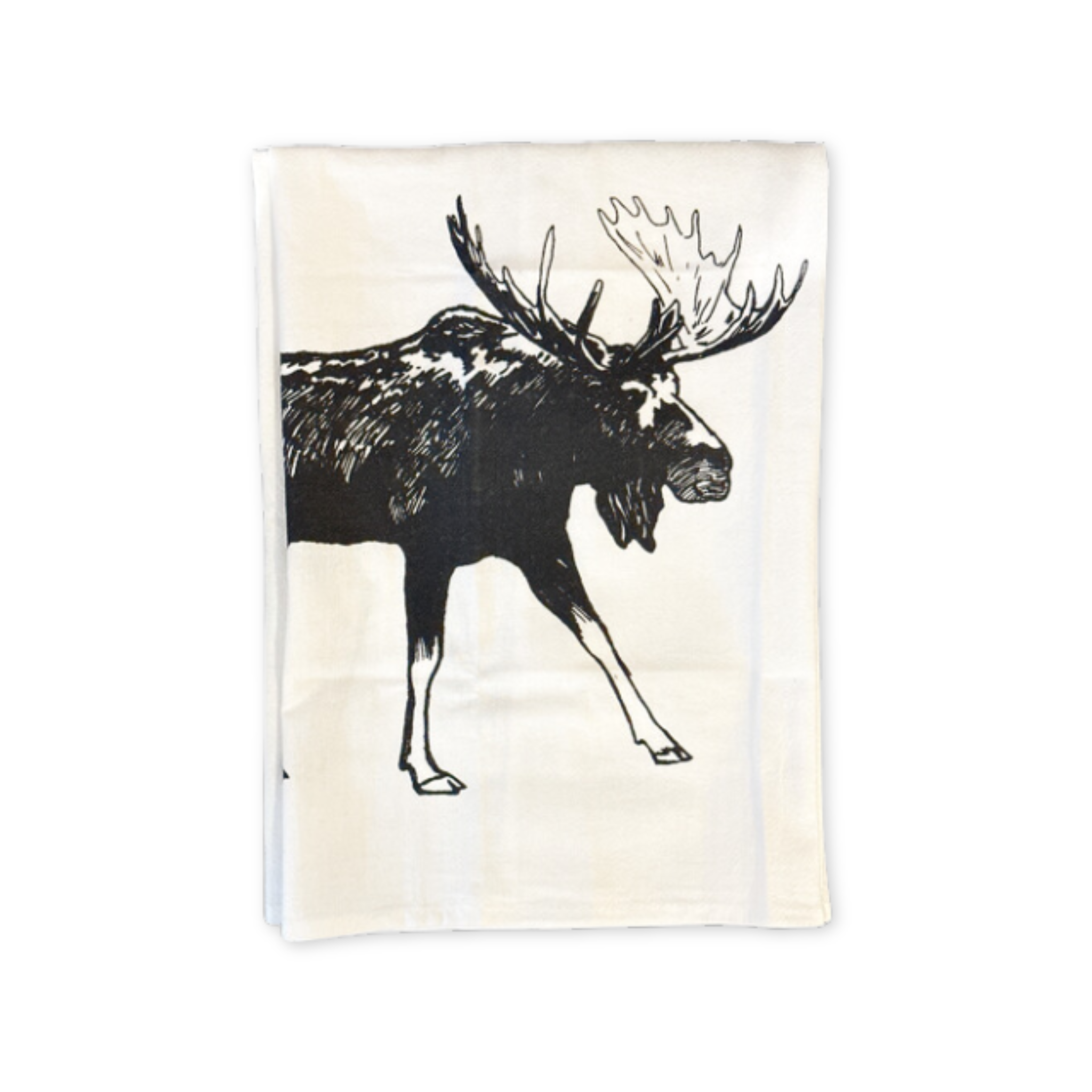 flour sack cotton tea towel featuring a screen printed moose design